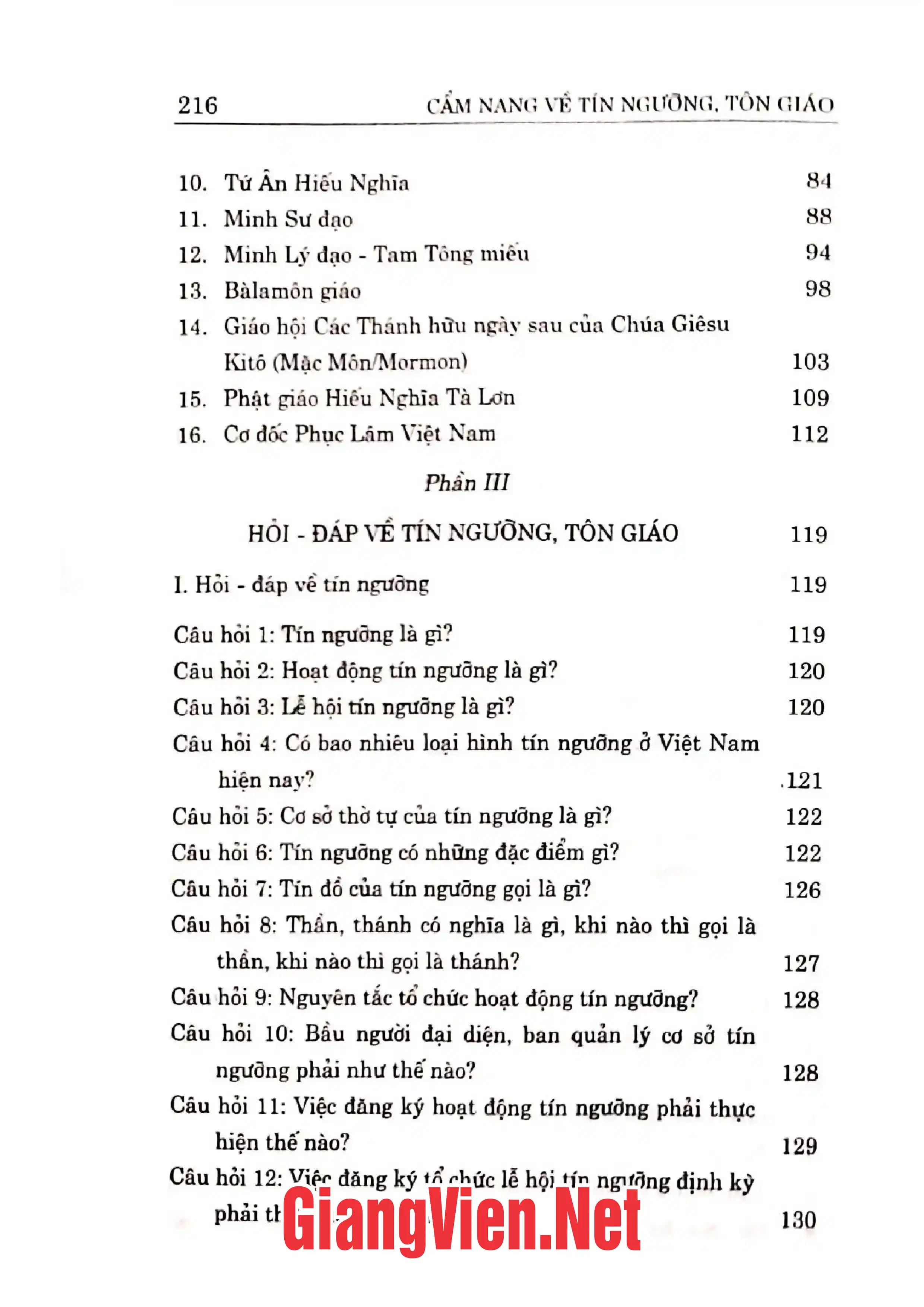 Mục lục chi tiết trang 1 sách Cẩm nang về tín ngưỡng, tôn giáo