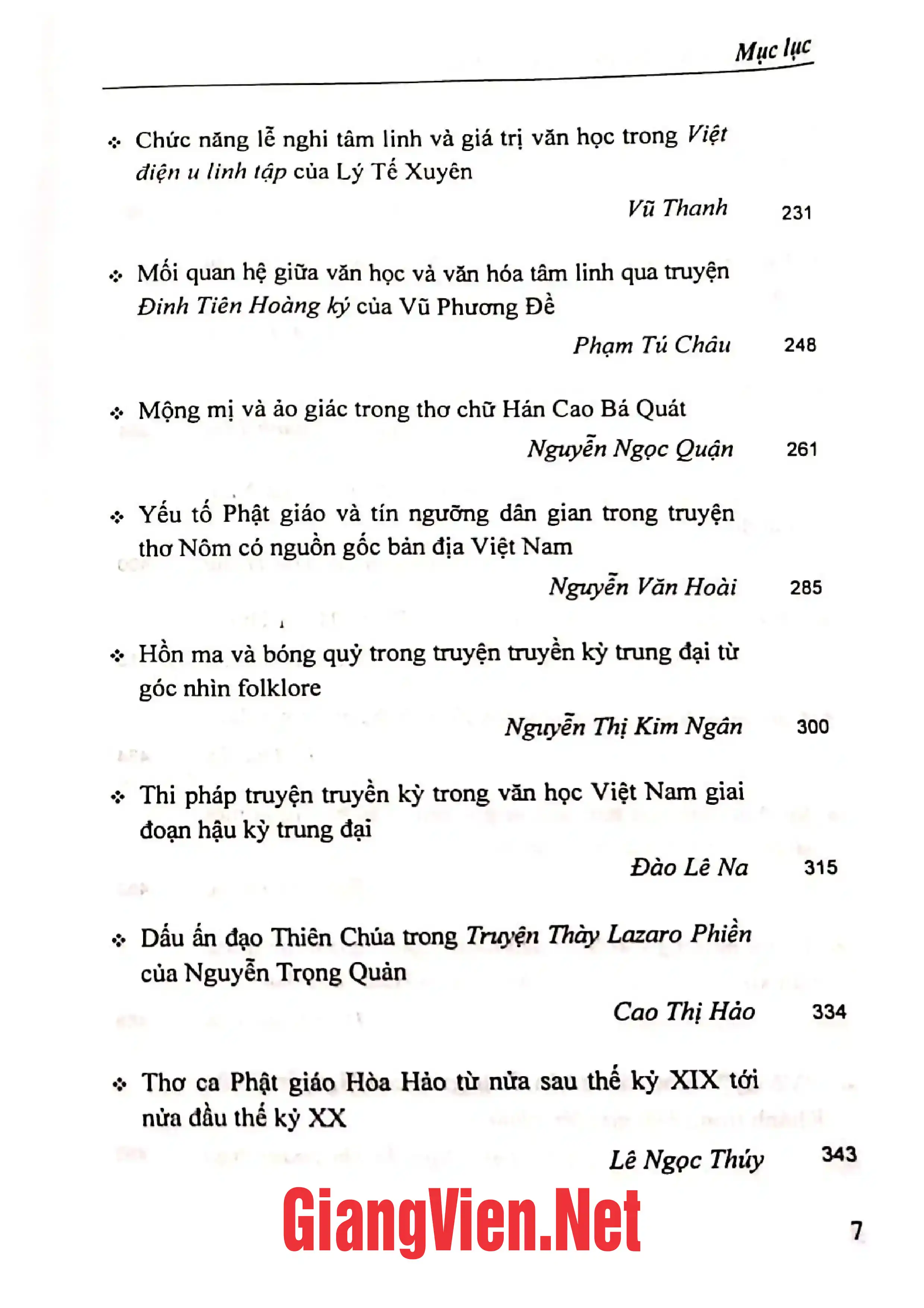 Mục lục chi tiết trang 2 sách Văn học và Văn hóa tâm linh