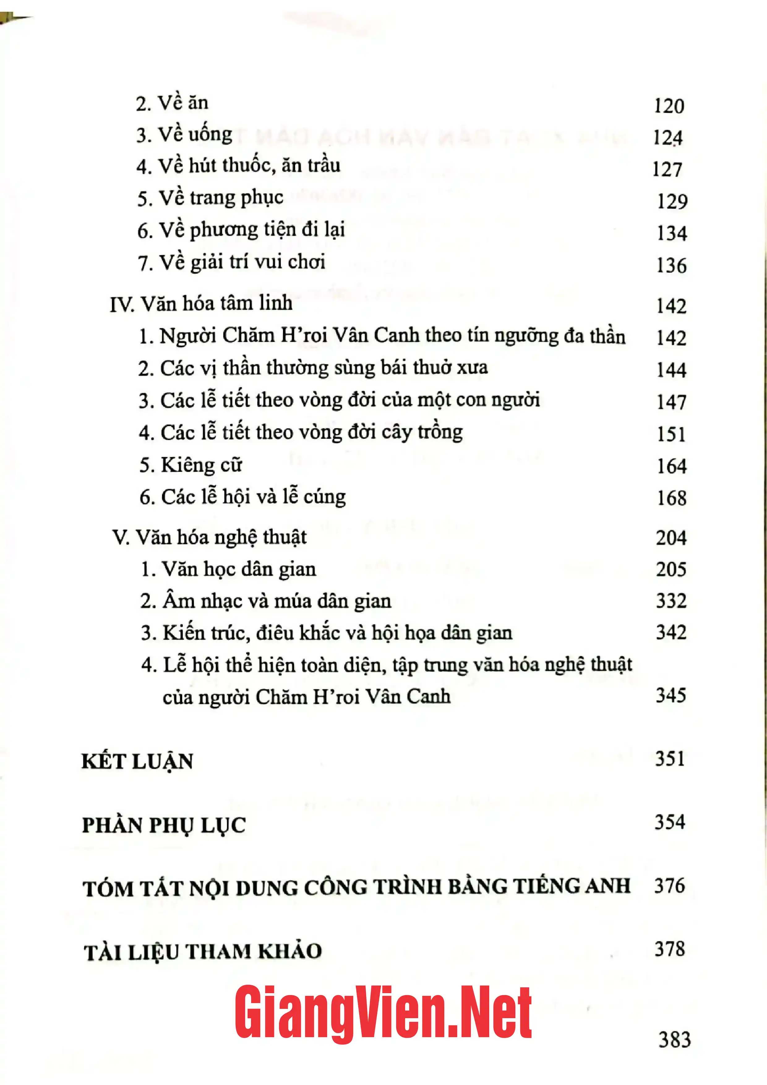 Mục lục chi tiết trang 1 sách Văn hóa người Chăm HRoi ở huyện Vân Canh tỉnh Bình Định