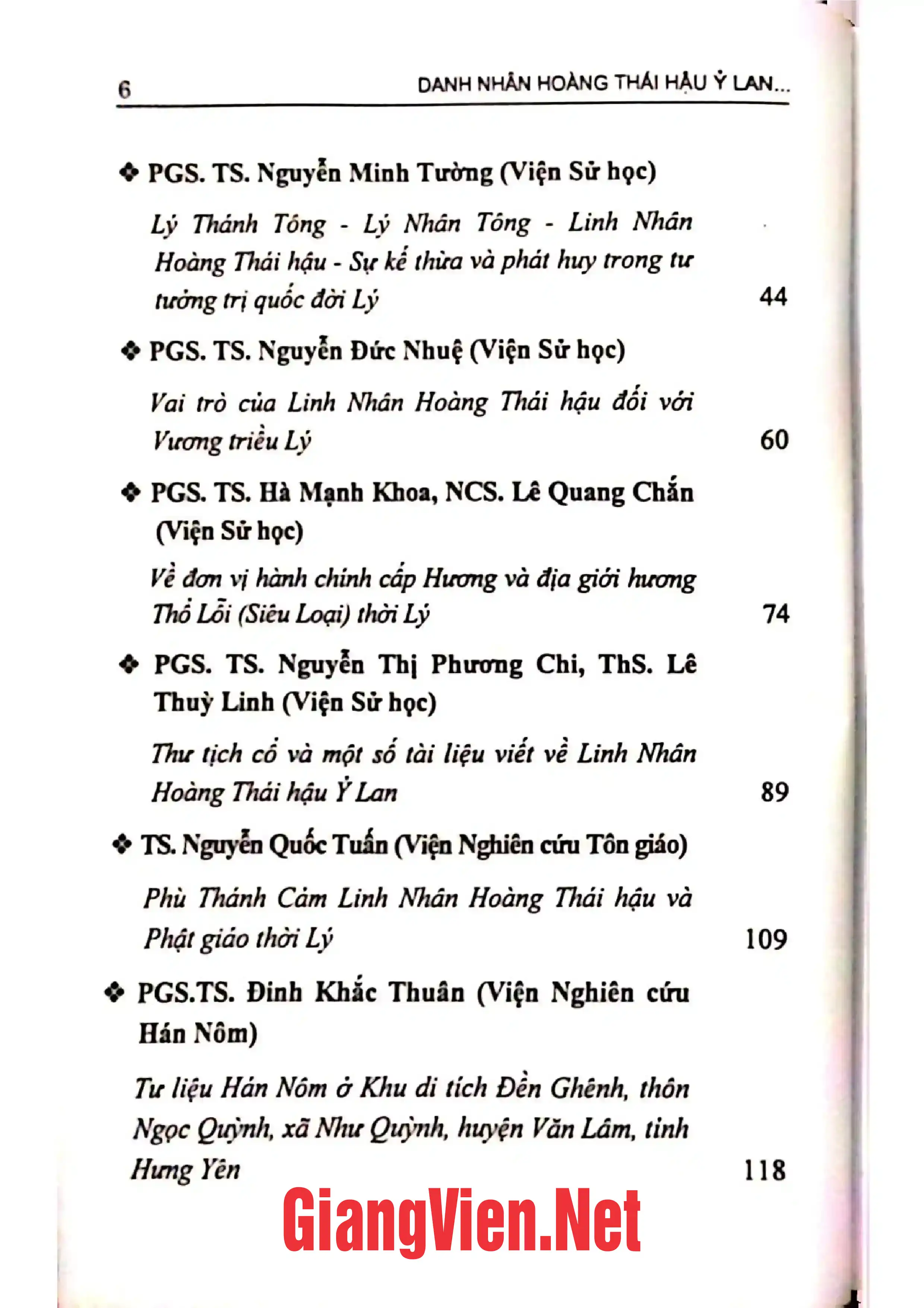 Mục lục chi tiết trang 1 sách Danh nhân Hoàng Thái Hậu ỷ Lan và khu di tích Đền Ghênh