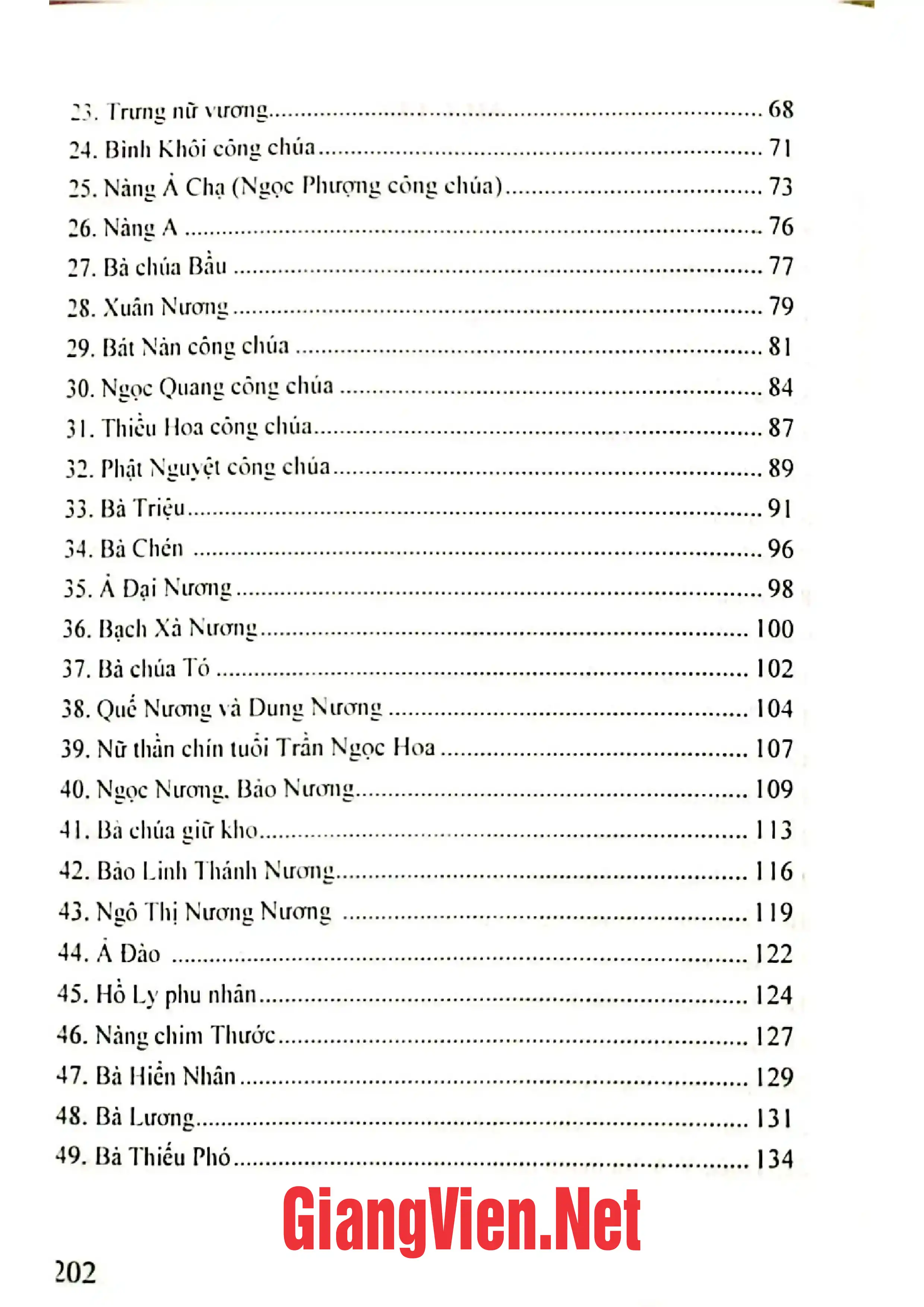 Mục lục chi tiết trang 1 sách Truyện các nữ thần Việt Nam