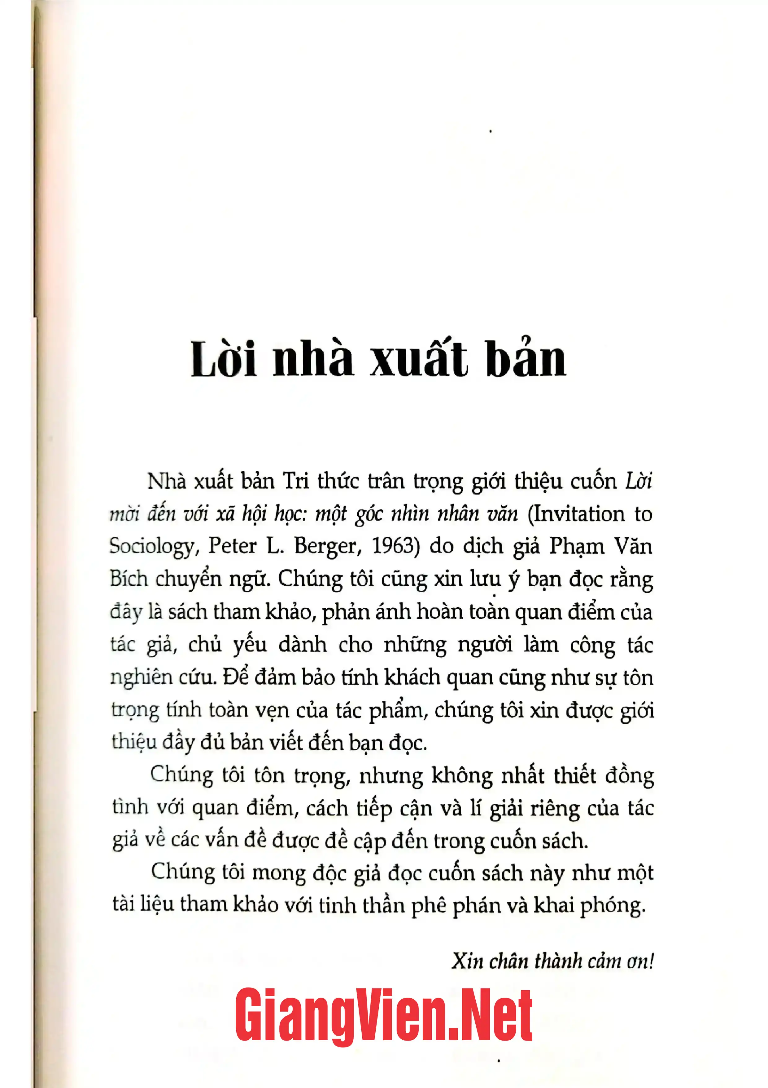 Trang bìa chính thức sách Lời mời đến với xã hội học một góc nhìn nhân văn