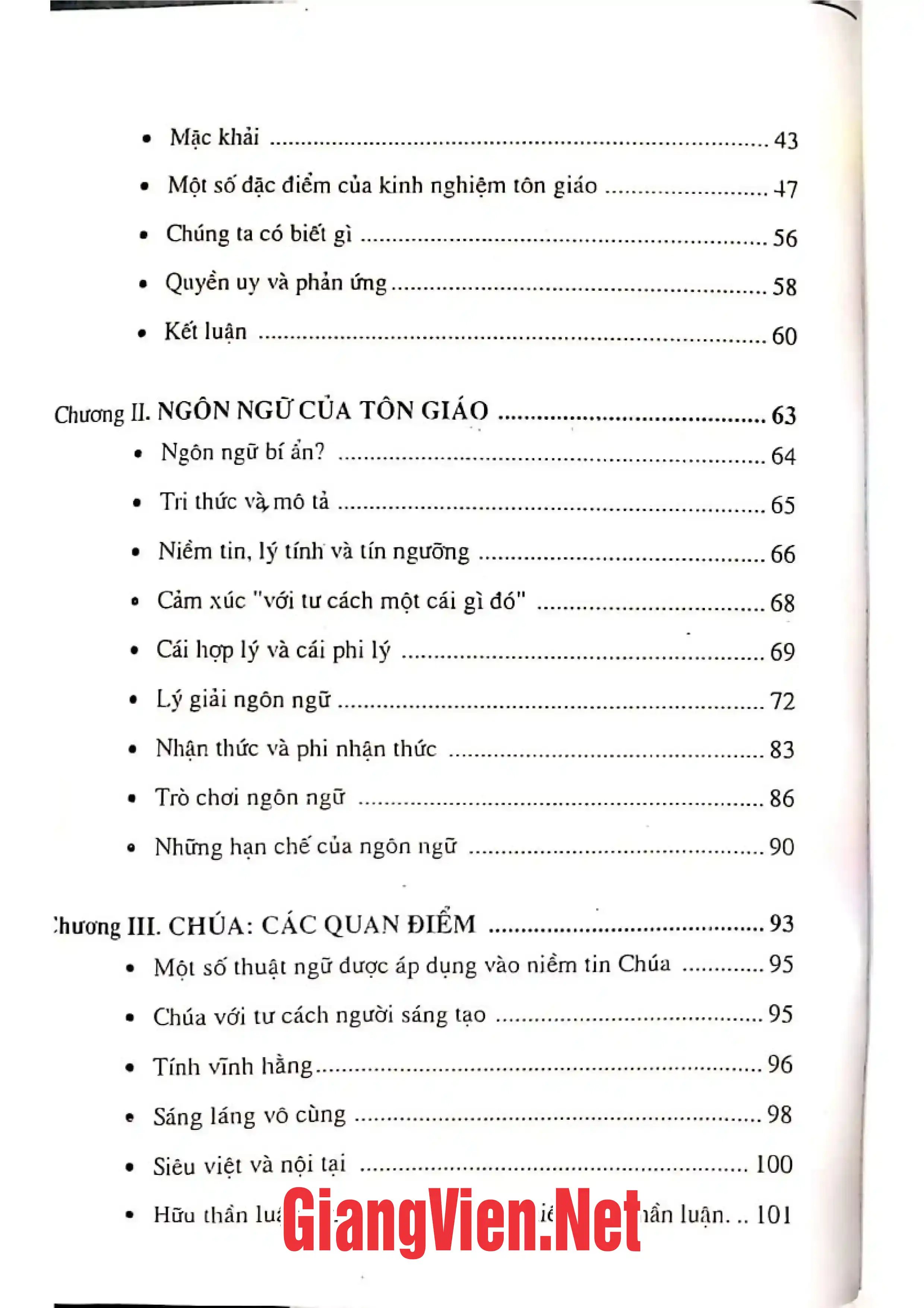 Mục lục chi tiết trang 1 sách Triết học tôn giáo