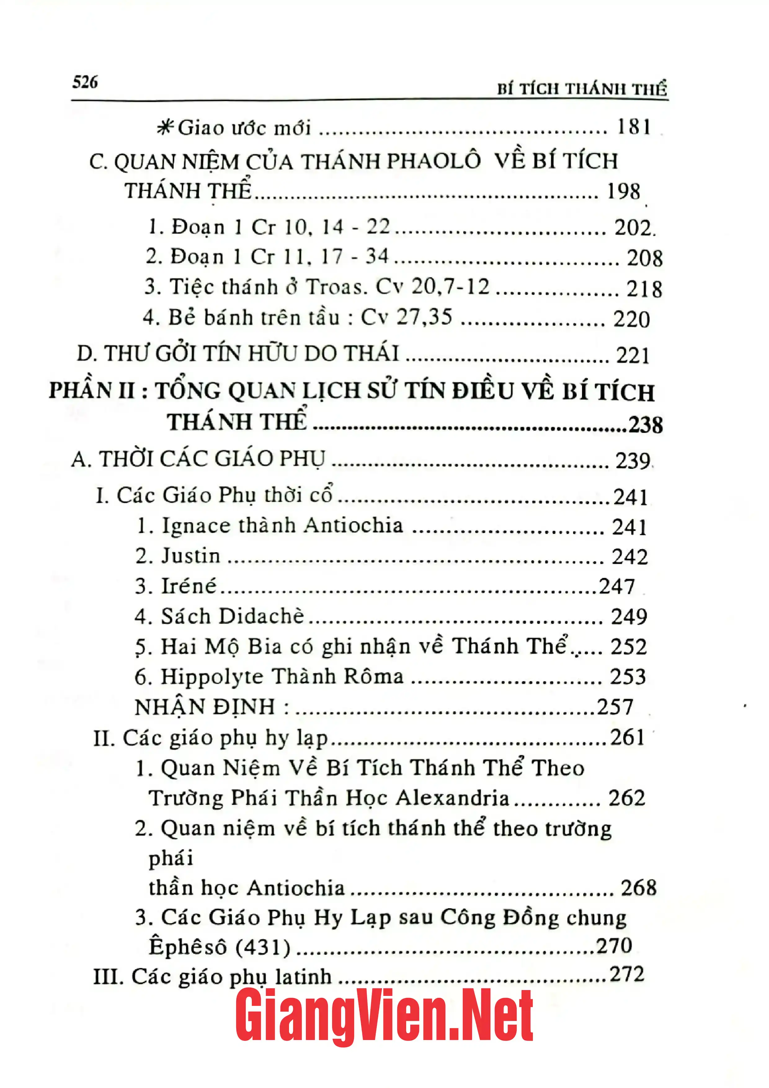 Mục lục chi tiết trang 1 sách Bí tích học - Tập II - Bí tích thánh thể