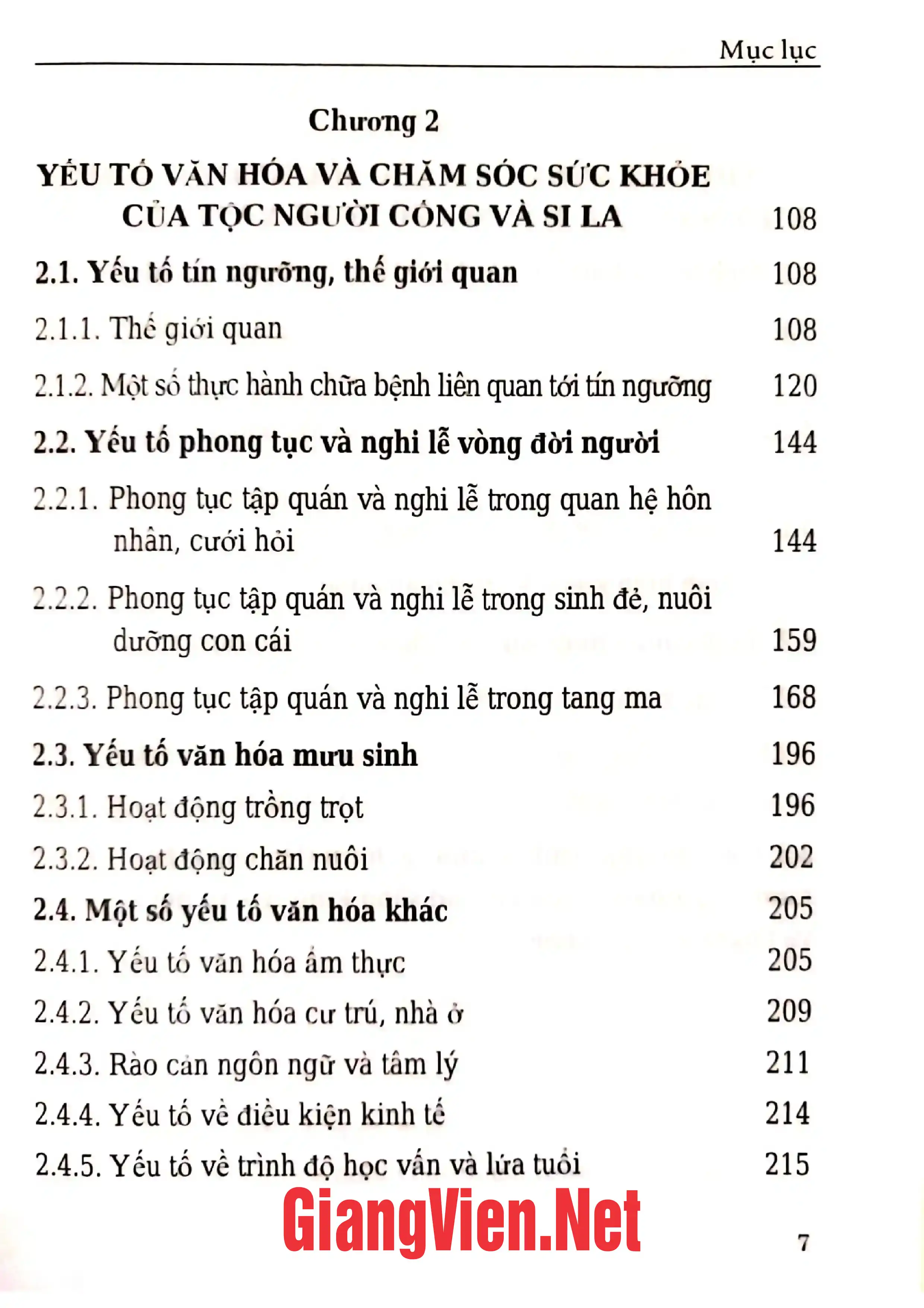 Mục lục chi tiết trang 2 sách Yếu tố văn hóa tộc người trong chăm sóc sức khỏe của người Cống và Si La ở tỉnh Lai Châu