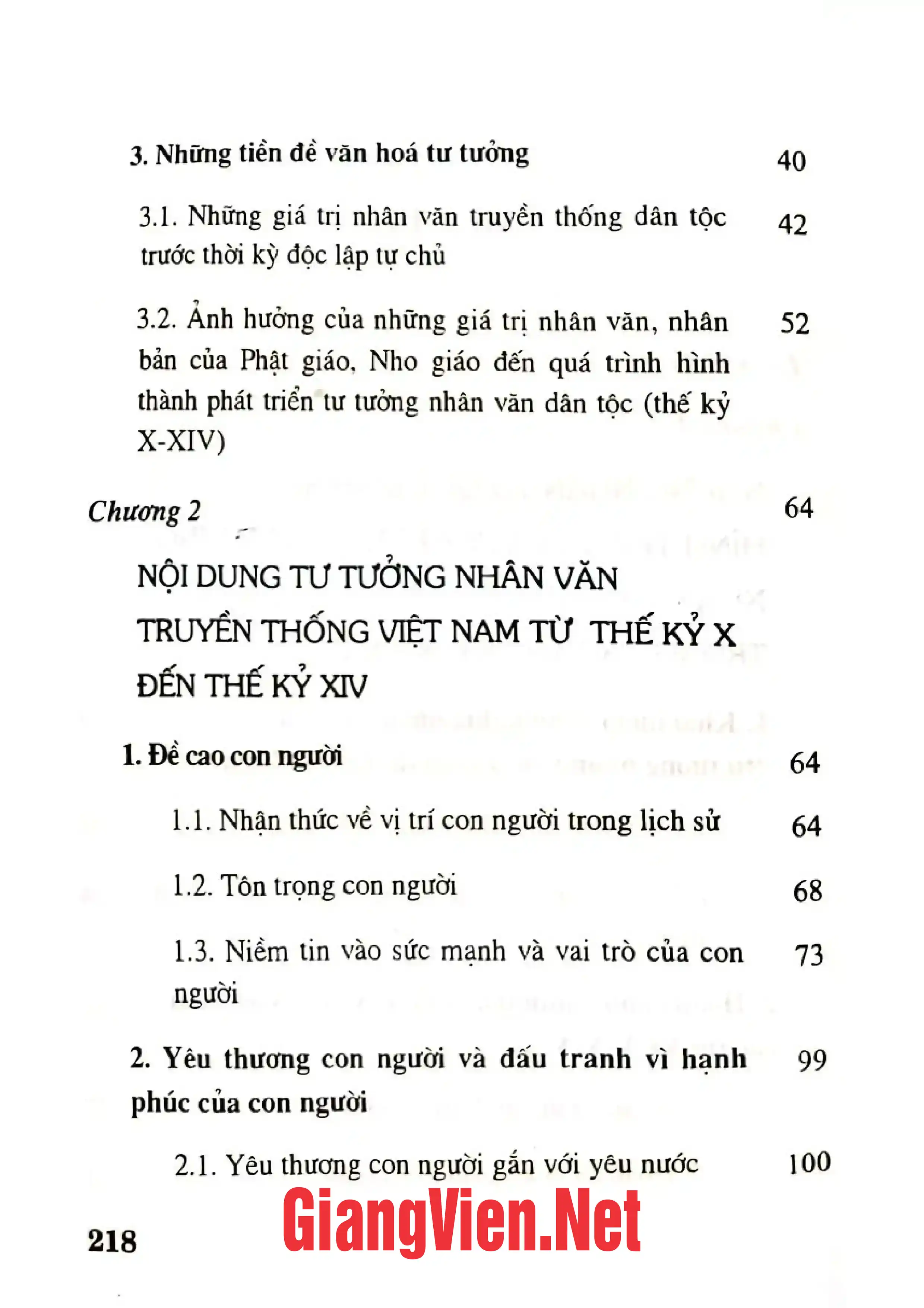 Mục lục chi tiết trang 1 sách Tư tưởng nhân văn truyền thống Việt Nam từ thế kỷ X đến thế kỷ XIV