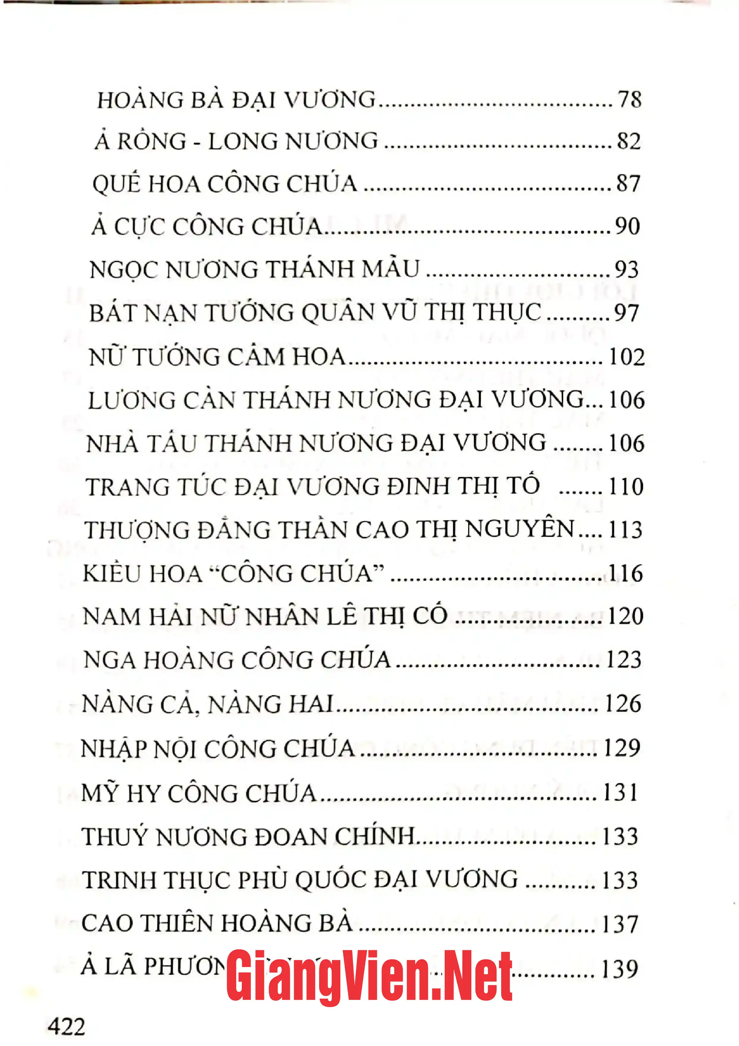 Mục lục chi tiết trang 1 sách Nữ thần và Thánh Mẫu Thái Bình