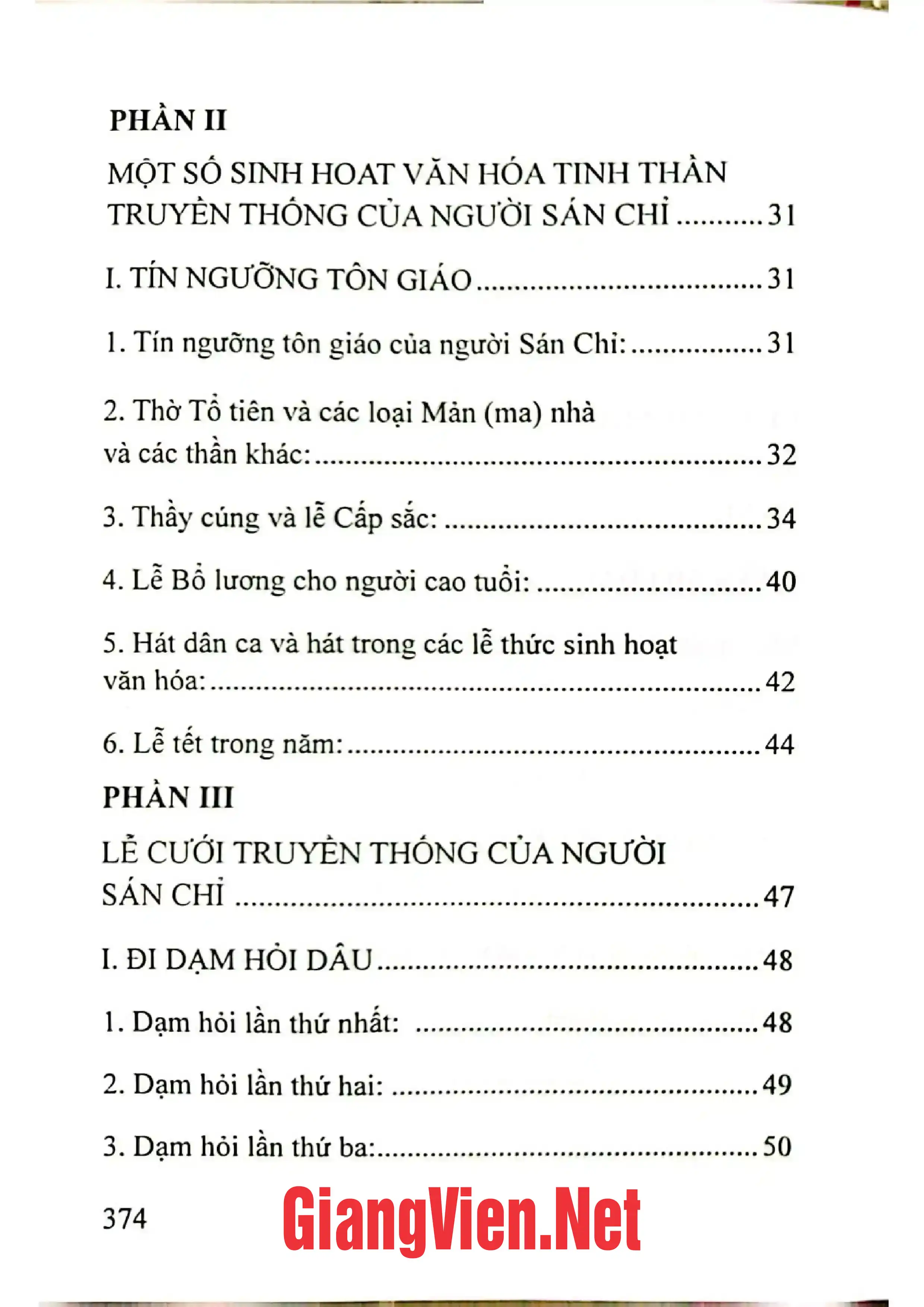 Mục lục chi tiết trang 1 sách Lễ cưới của người Sán Chỉ, Then Hỉn ẻn