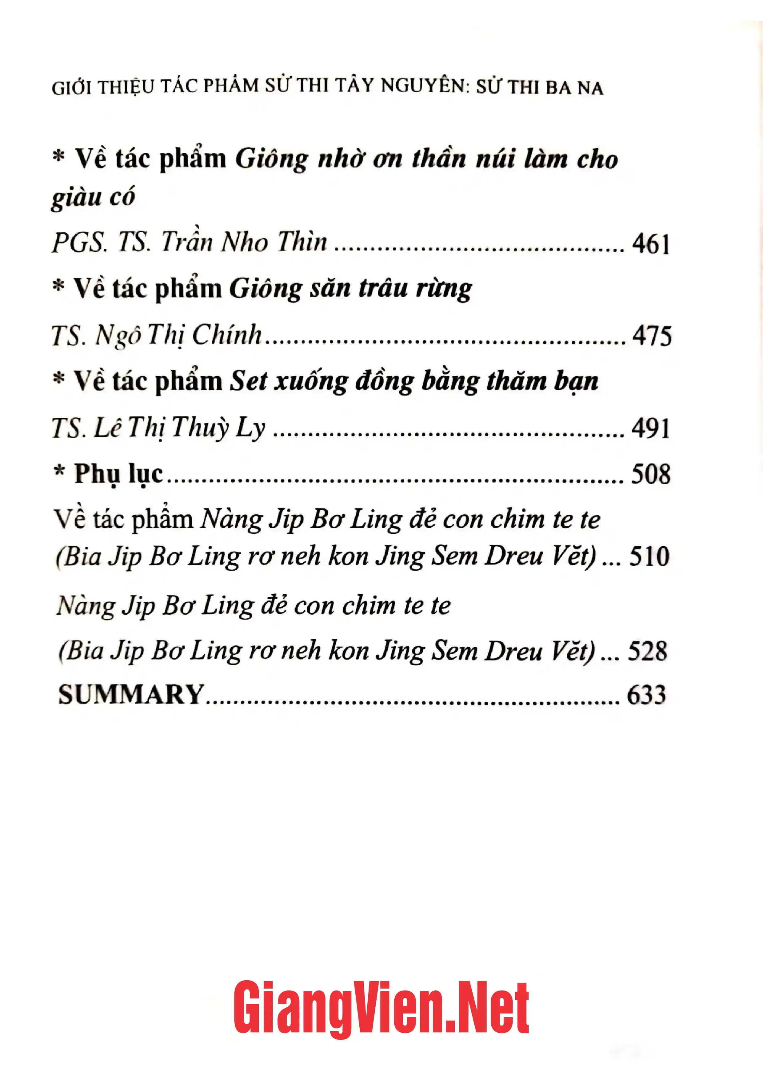 Mục lục chi tiết trang 3 sách Giới thiệu tác phẩm sử thi Tây Nguyên - Sử thi Ba Na
