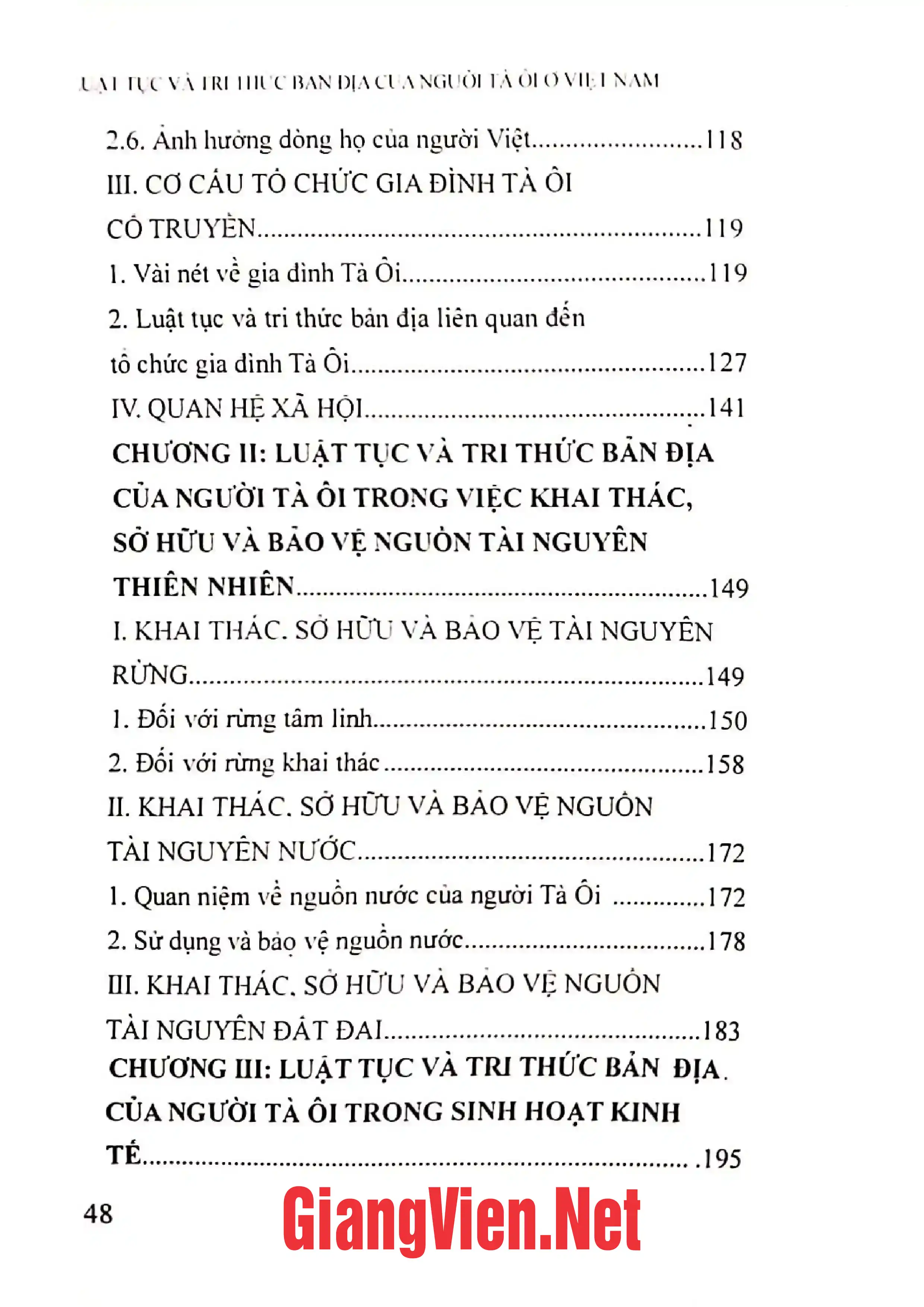 Mục lục chi tiết trang 1 sách Luật tục và tri thức bản đại của người Tà ôi ở Việt Nam