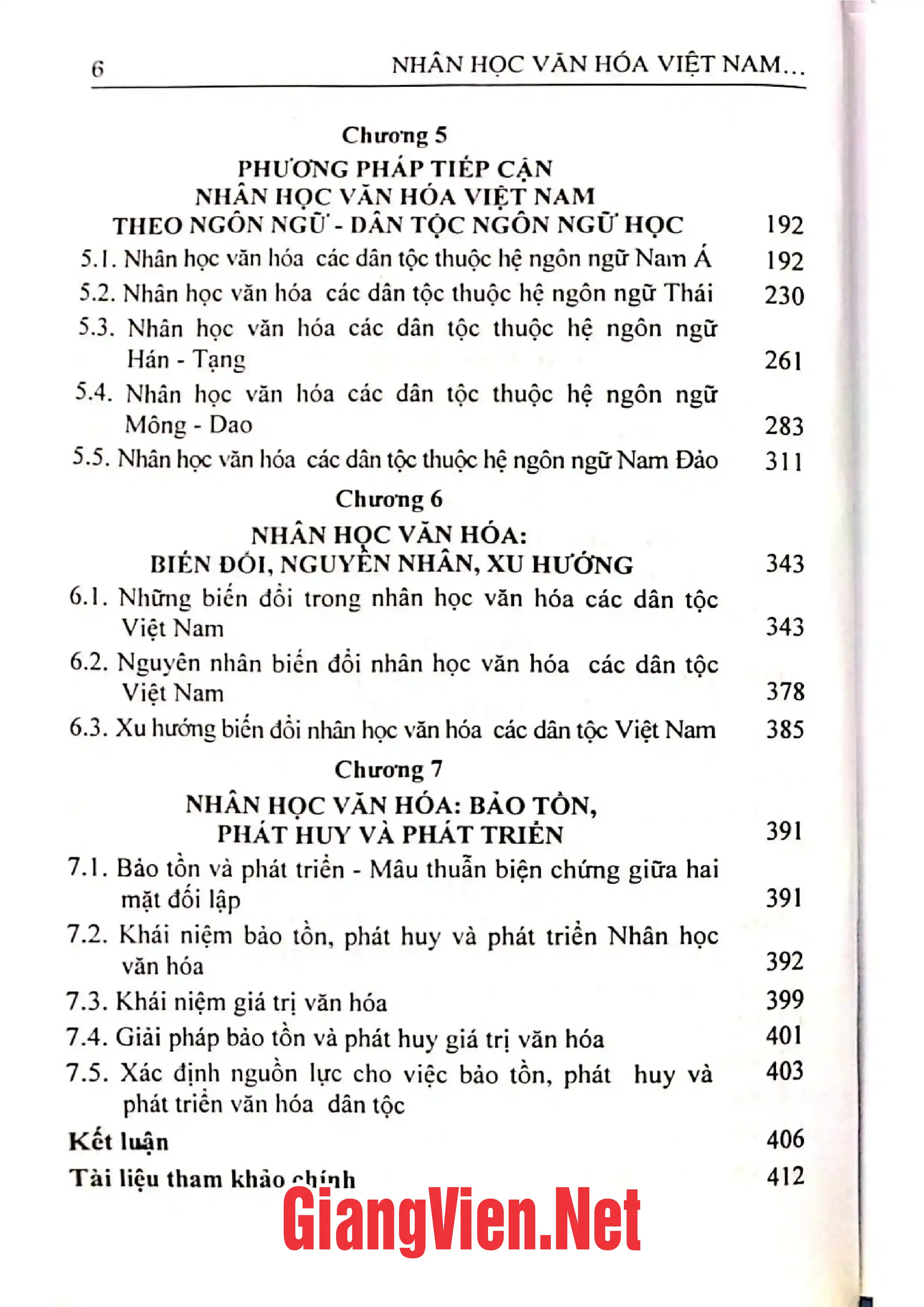 Mục lục chi tiết trang 1 sách Nhân học văn hóa Việt Nam tiền đề và phương pháp tiếp cận, Giáo trình Đại học