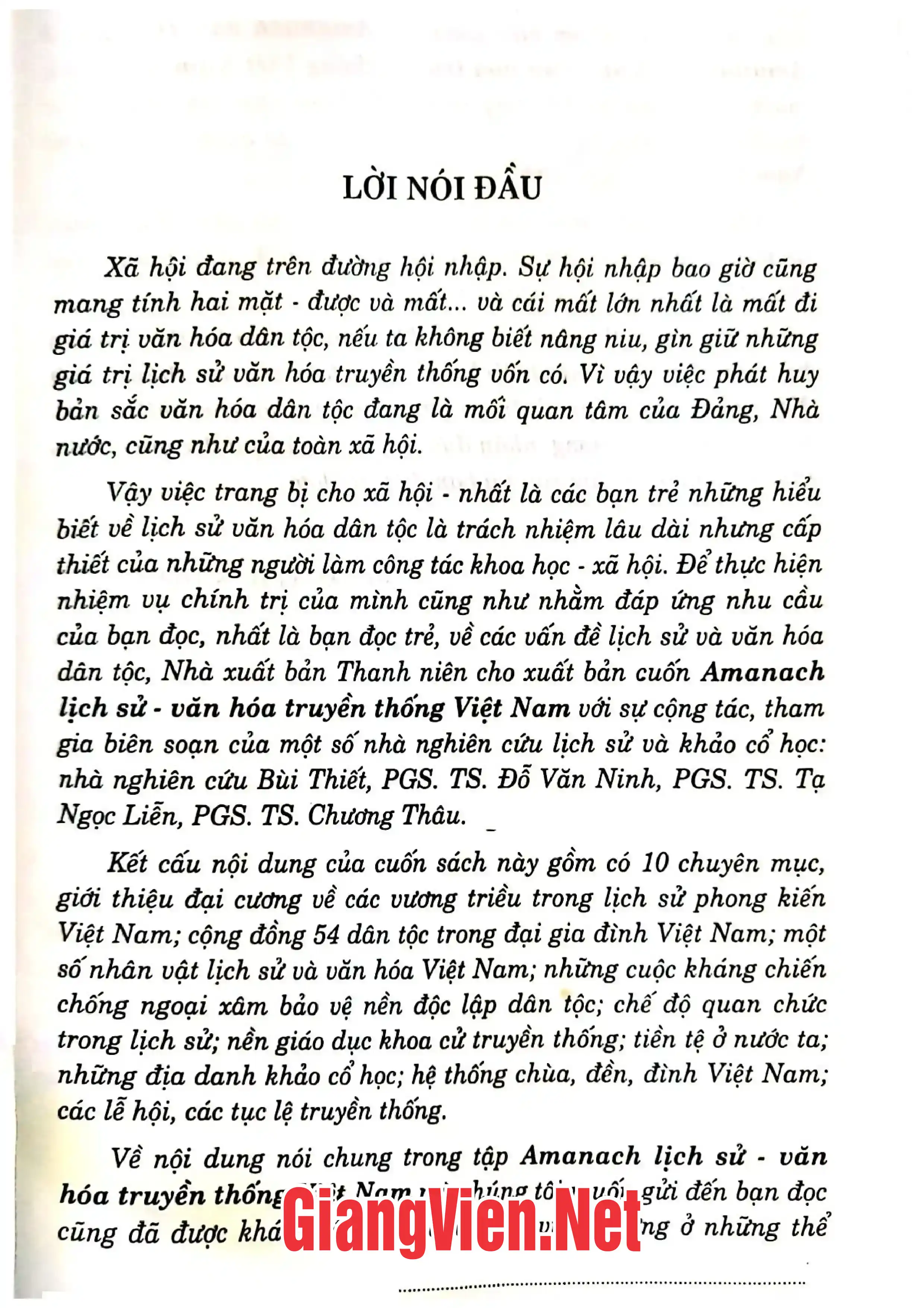 Mục lục chi tiết trang 1 sách Almanach lịch sử văn hoá truyền thống Việt Nam