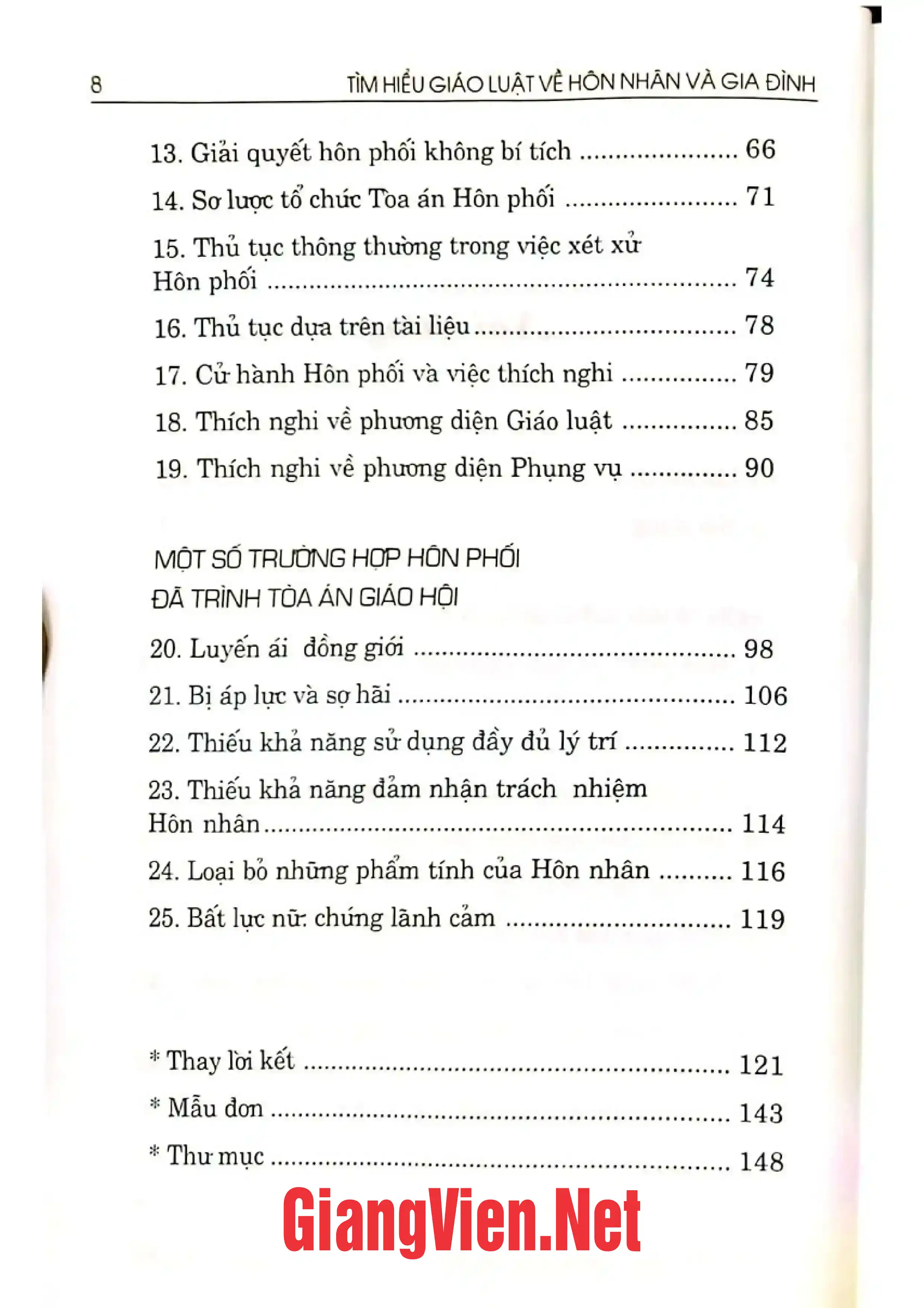 Mục lục chi tiết trang 1 sách Tìm hiểu giáo luật về hôn nhân và gia đình
