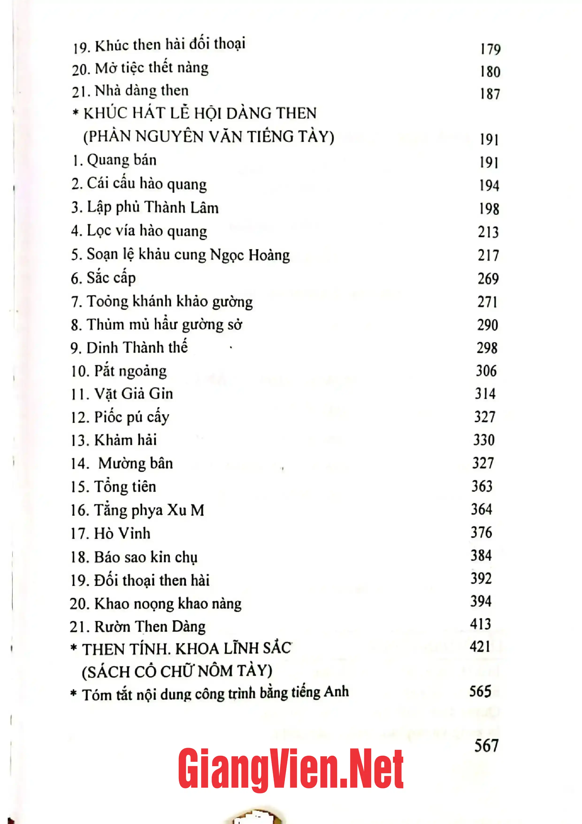 Mục lục chi tiết trang 1 sách Lễ hội Dàng Then