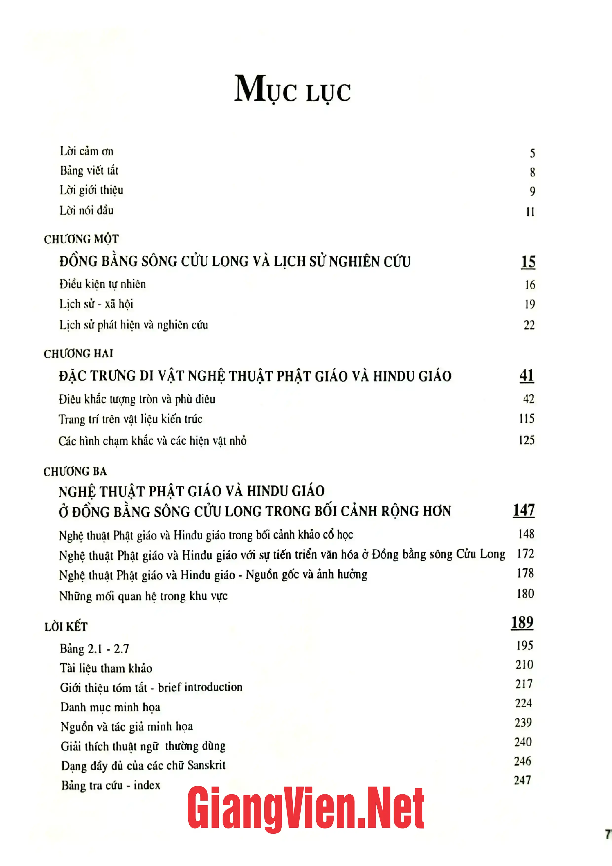 Mục lục chi tiết trang 1 sách Nghệ thuật Phật giáo và Hindu giáo ở đồng bằng sông Cửu Long trước thế kỷ X