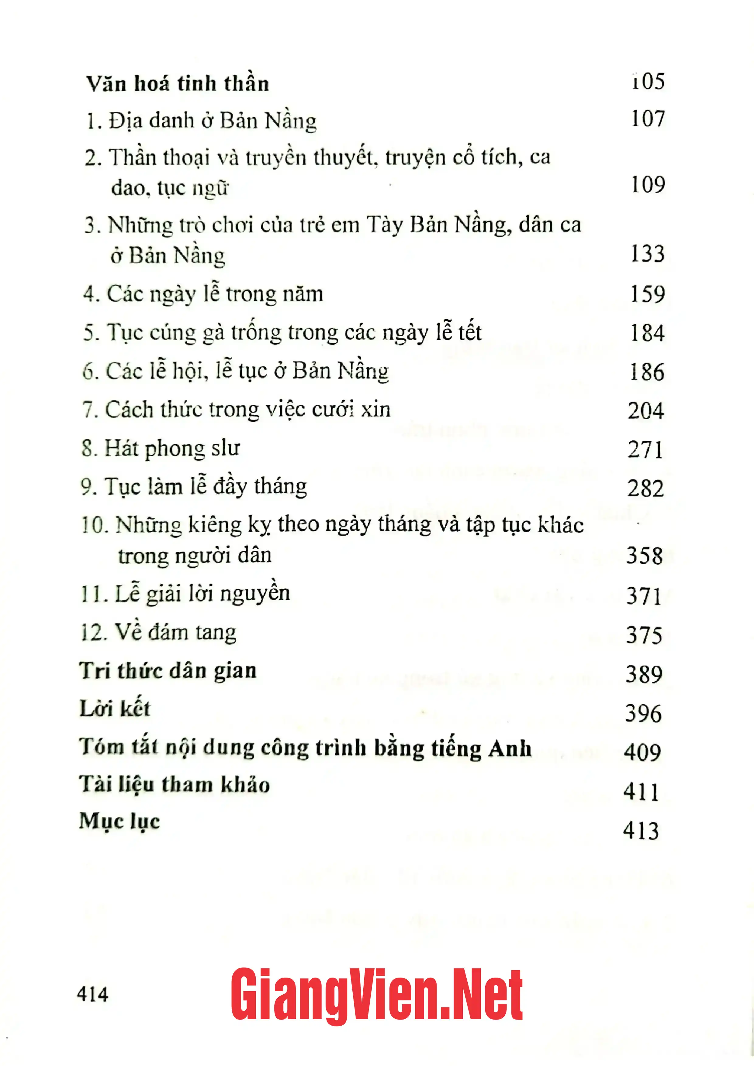 Mục lục chi tiết trang 1 sách Văn hóa dân gian làng bản Nầng