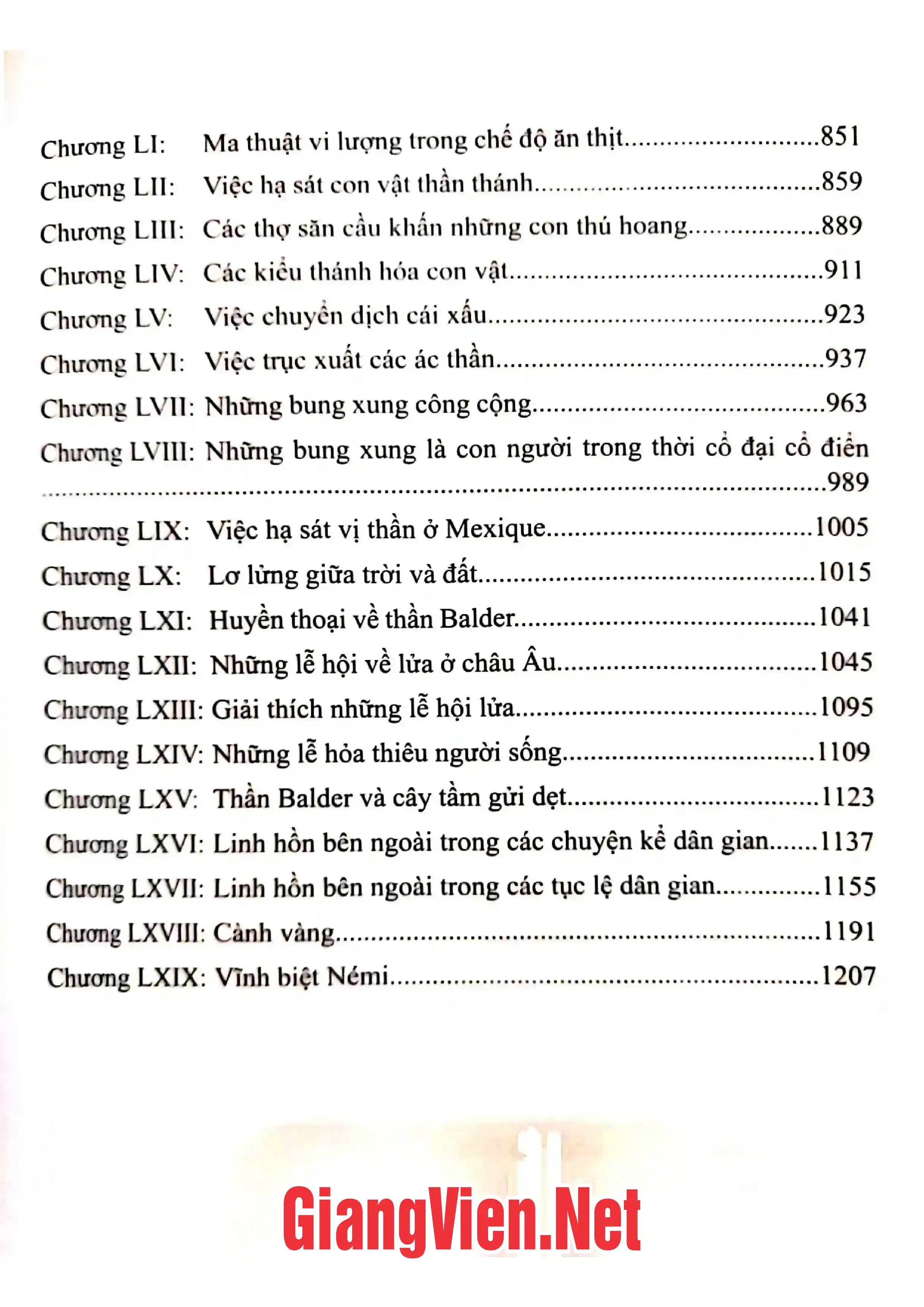 Mục lục chi tiết trang 2 sách Cành vàng, Bách khoa thư về văn hóa nguyên thủy