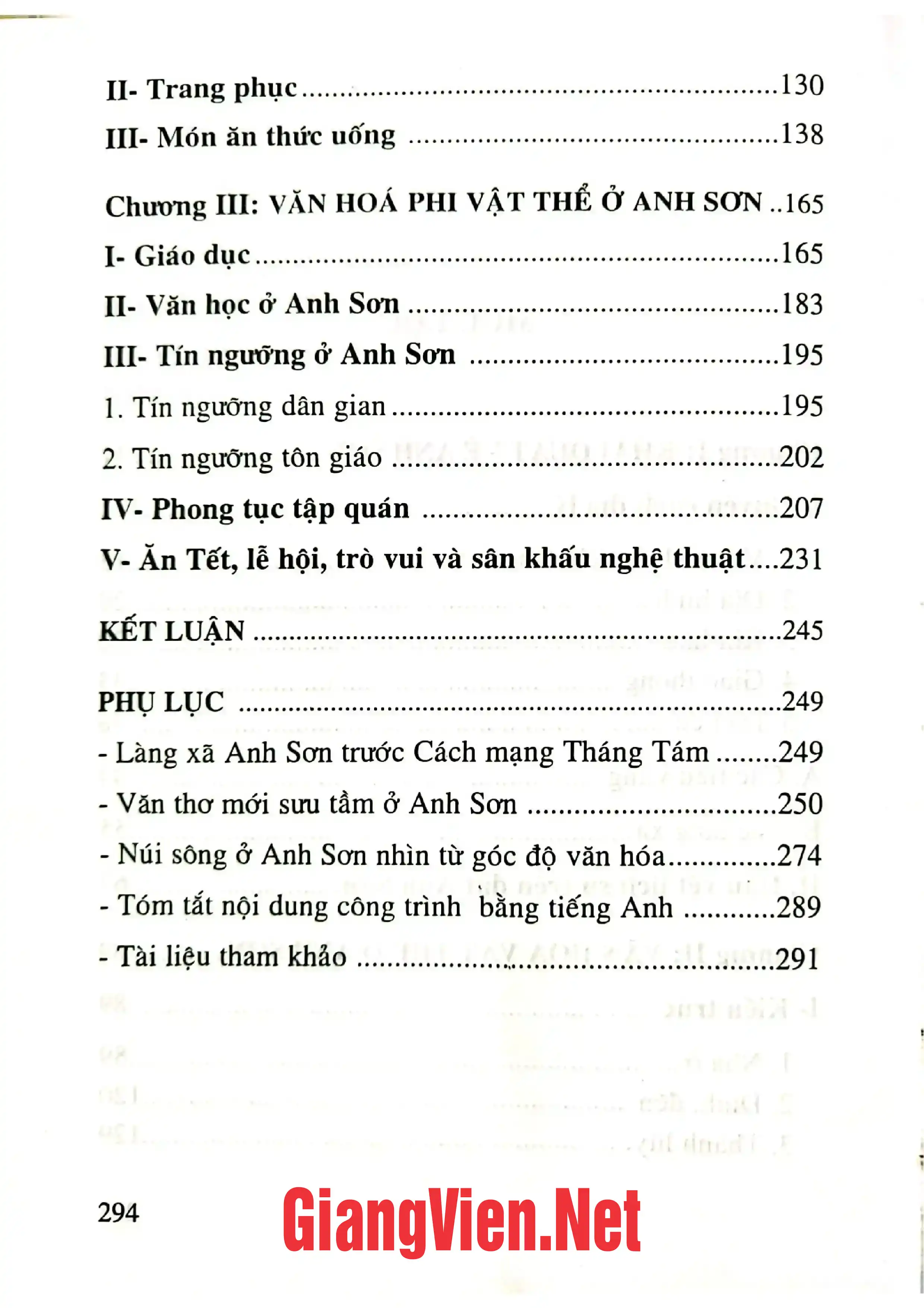 Mục lục chi tiết trang 1 sách Văn hóa cổ truyền ở huyện Anh Sơn