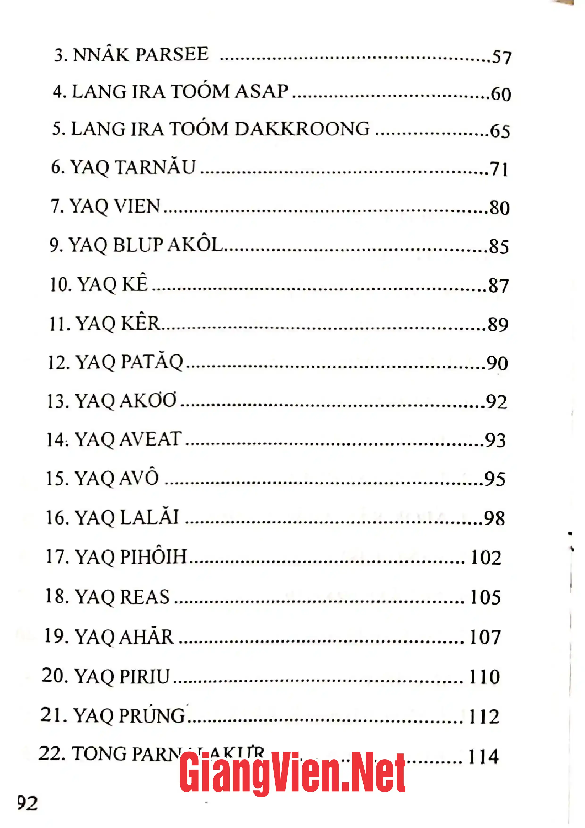 Mục lục chi tiết trang 1 sách Văn hóa dân gian các dân tộc ít người ở Thừa Thiên Huế Song ngữ Việt - Ta ôi, Việt - Cơ Tu Quyển 2