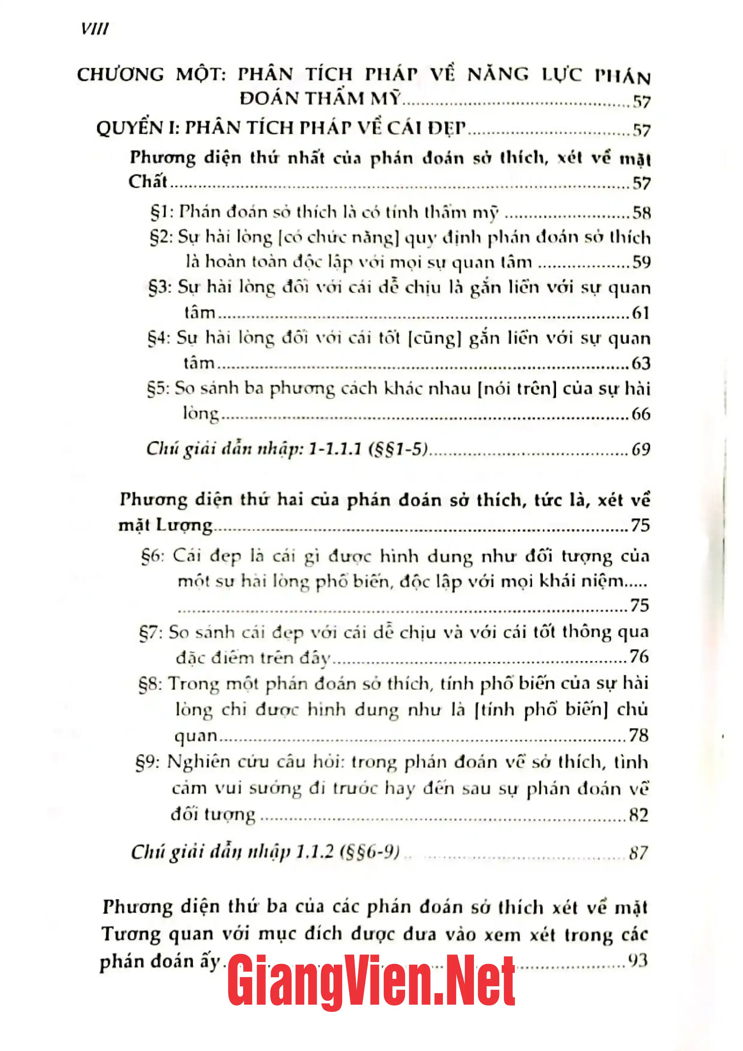 Mục lục chi tiết trang 1 sách Phê phán năng lực phán đoán, Mỹ học và Mục đích học