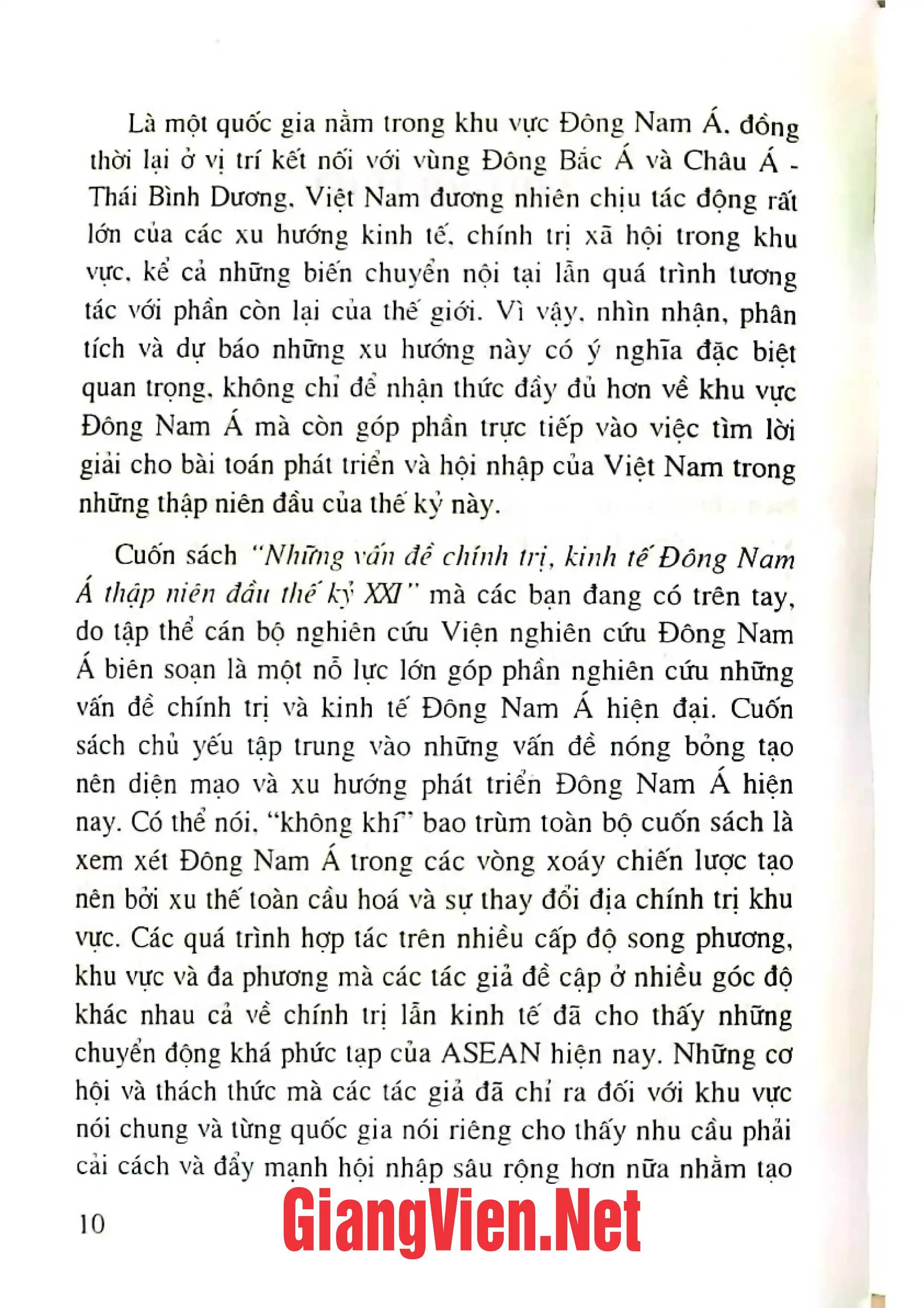Nội dung trang phụ bản giới thiệu sách Những vấn đề chính trị, kinh tế Đông Nam á thập niêm đầu thế kỷ XXI