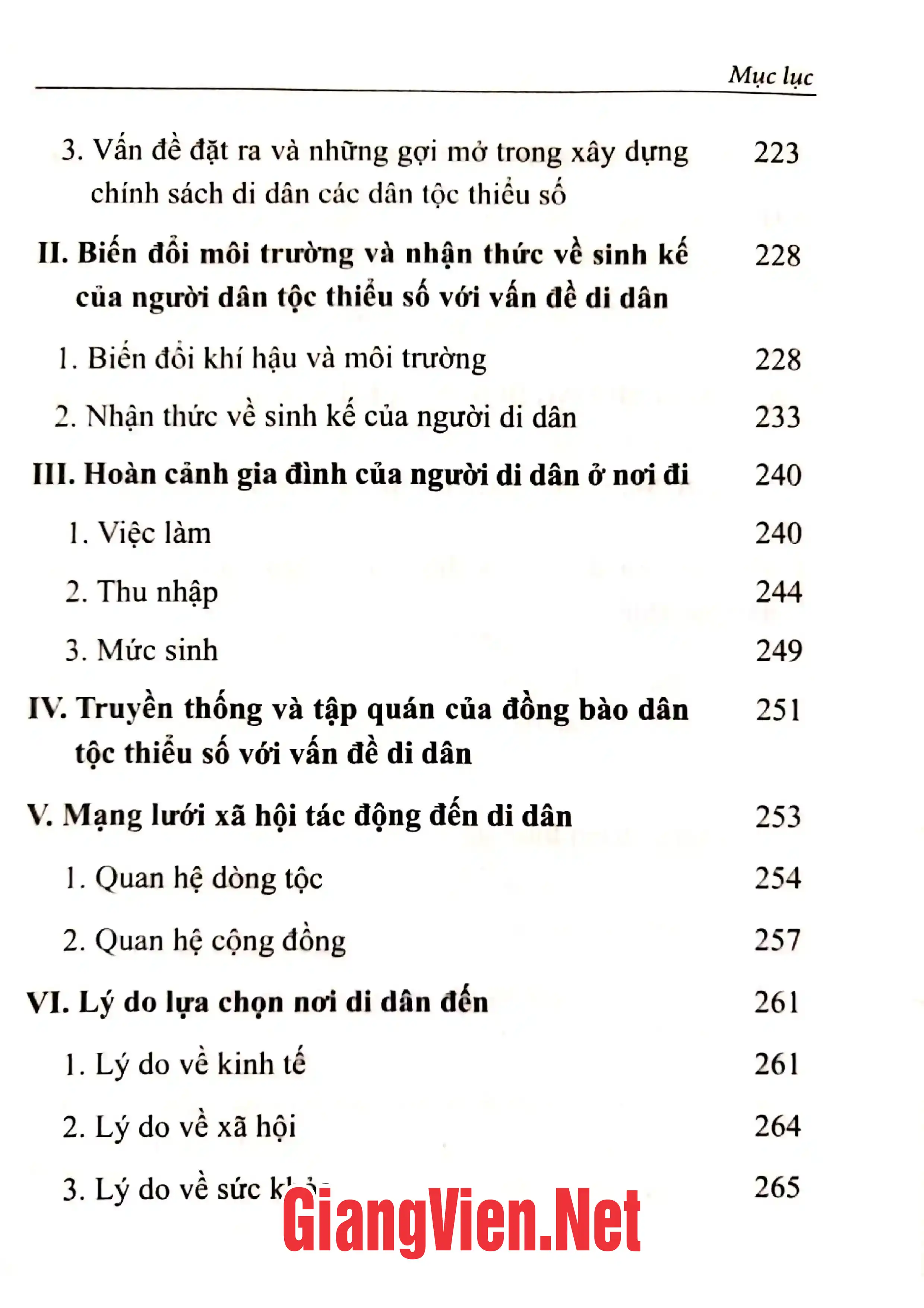 Mục lục chi tiết trang 2 sách Di dân của các dân tộc thiểu số những vấn đề đặt ra và giảiphaps
