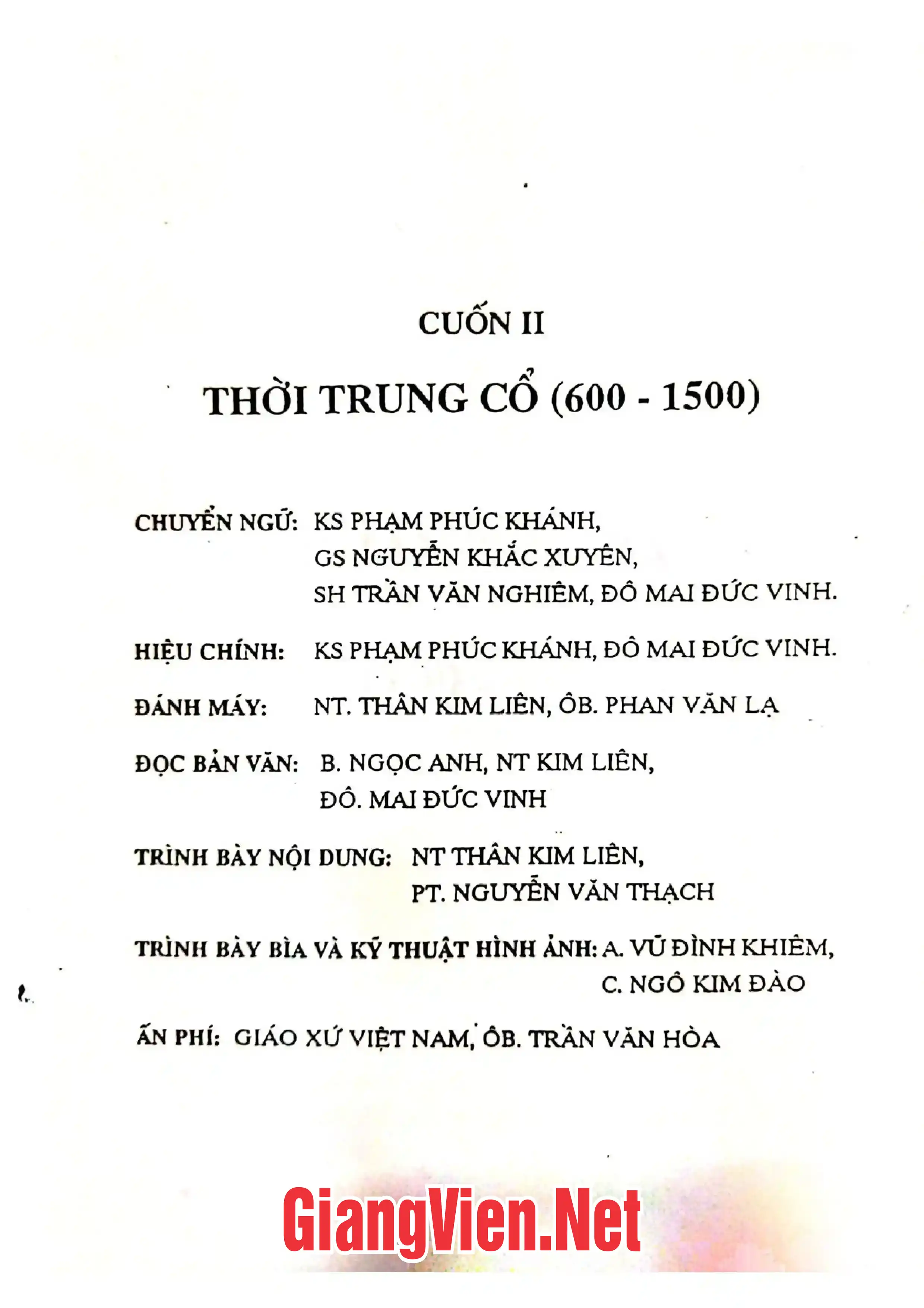 Nội dung trang phụ bản giới thiệu sách Tân lịch sử giáo hội, Cuốn II B: Thời Trung cổ 600-1500