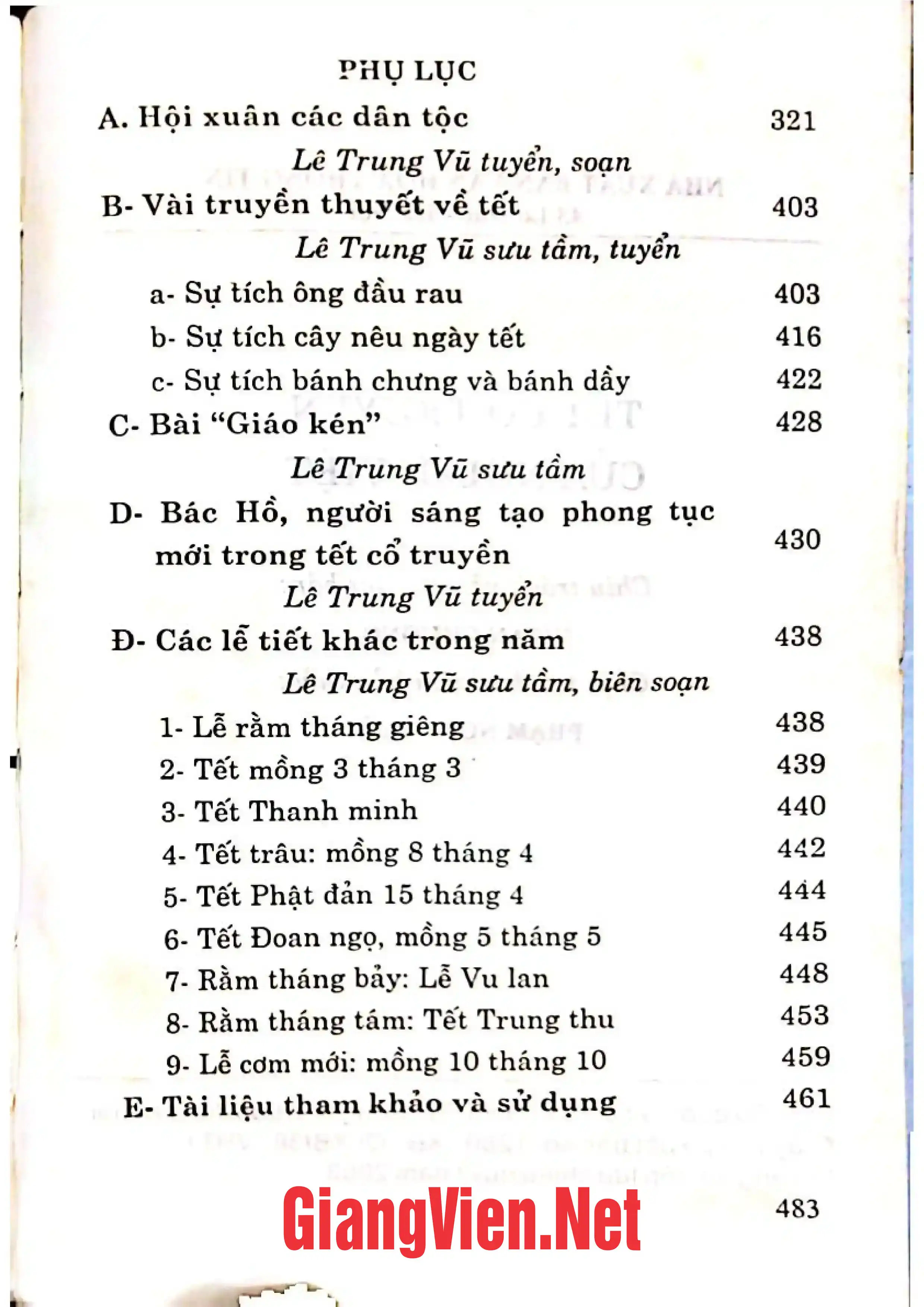 Mục lục chi tiết trang 1 sách Tết cổ truyền người Việt, Giải nhất, tặng thưởng của Hội Văn Nghệ Dân Gian Việt Nam - 1993