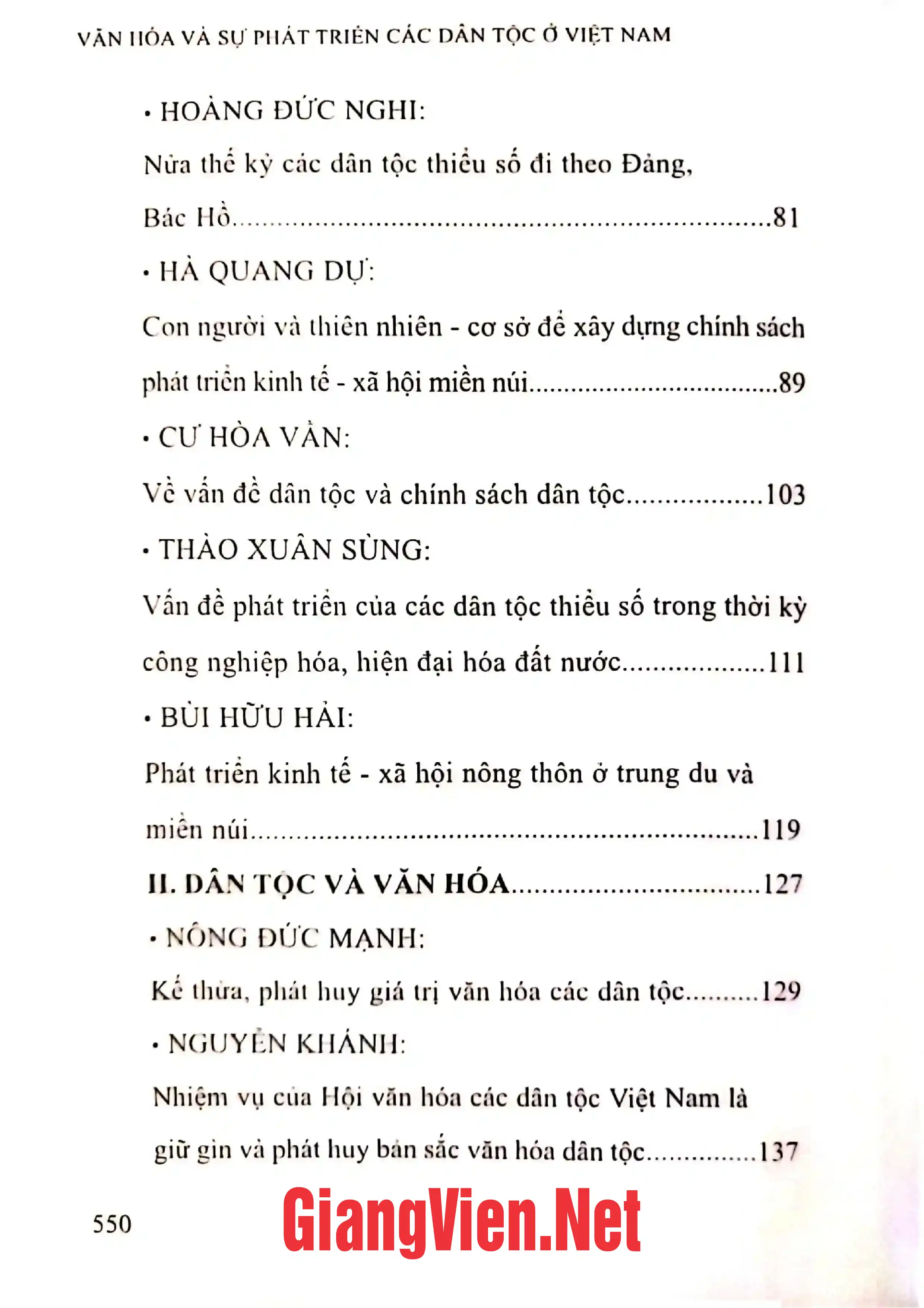 Mục lục chi tiết trang 1 sách Văn hóa và sự phát triển các dân tộc ở Việt Nam