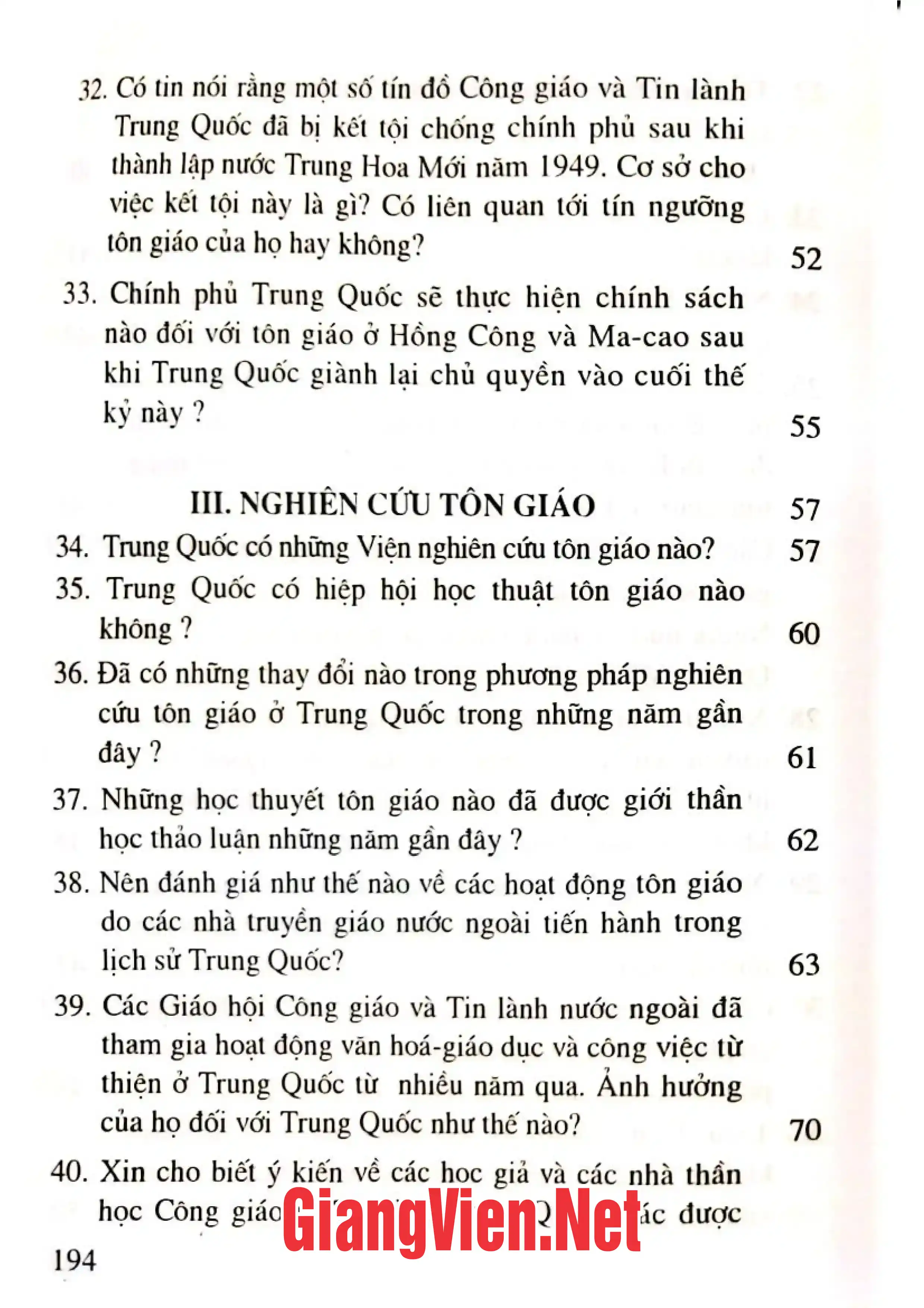 Mục lục chi tiết trang 3 sách Tôn giáo ở Trung Quốc 100 câu hỏi và trả lời