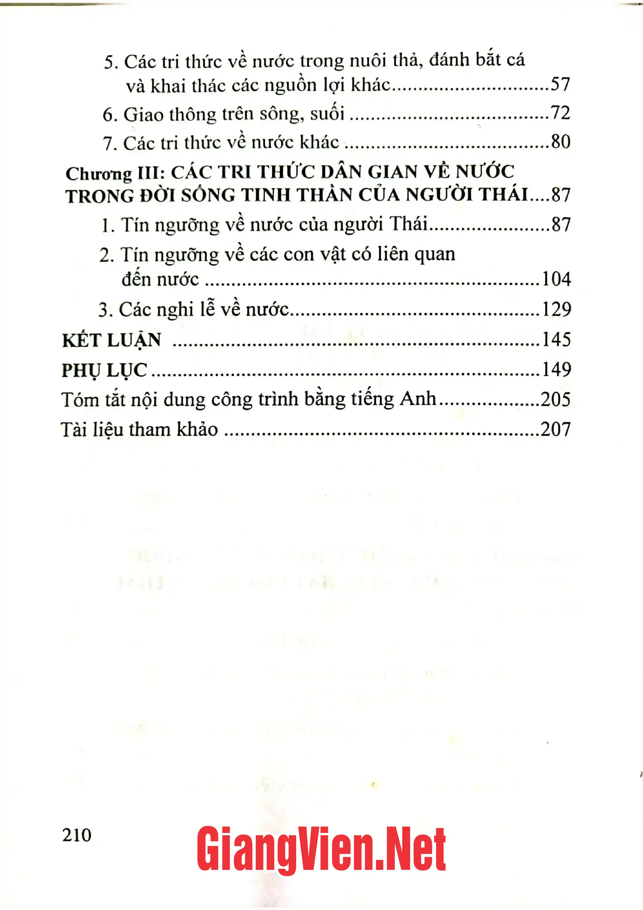 Mục lục chi tiết trang 1 sách Tri thức dân gian về nước của người Thái ở Điện Biên xưa