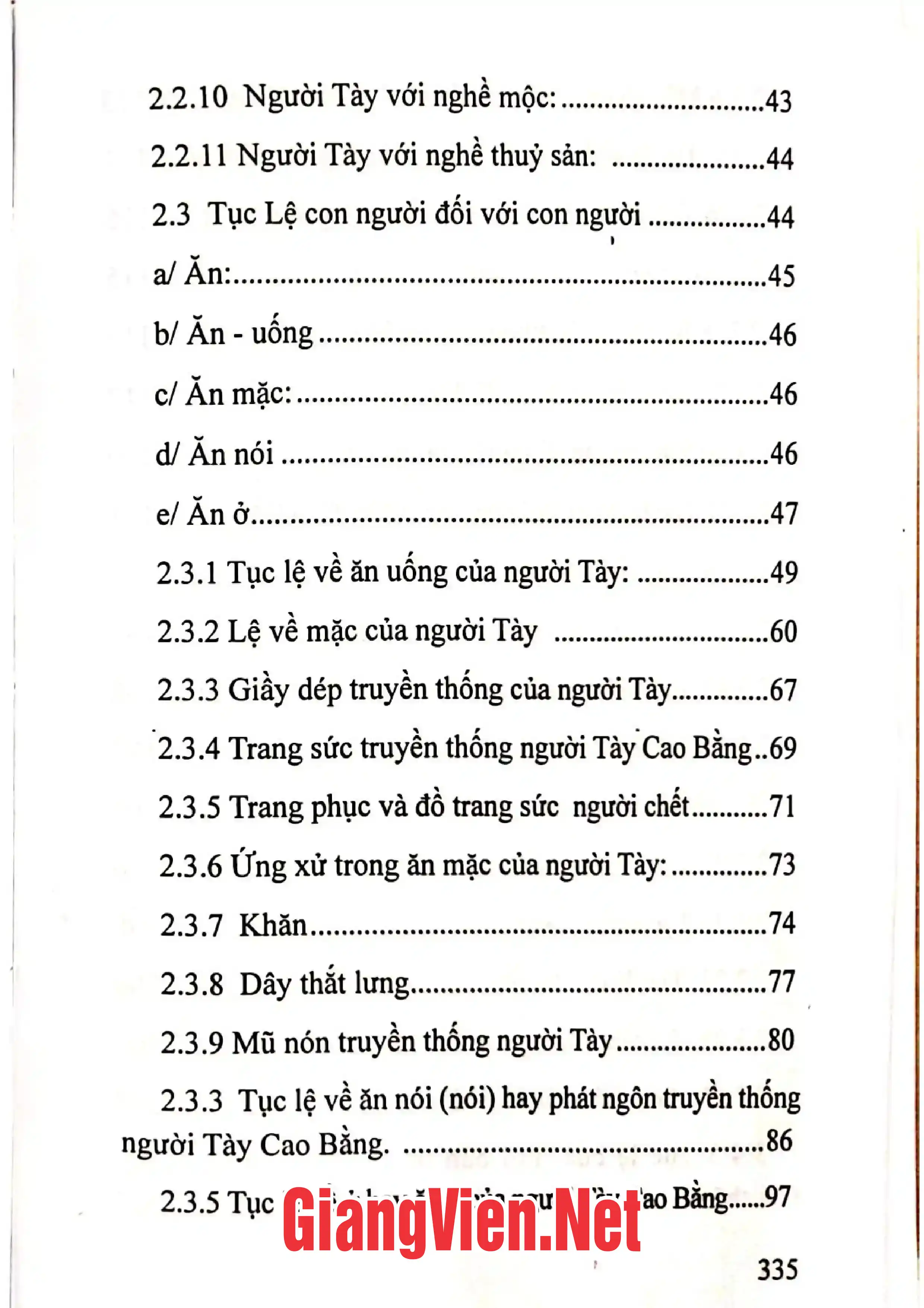 Mục lục chi tiết trang 2 sách Những điều cơ bản trong lệ làng truyền thống của người Tày Cao Bằng