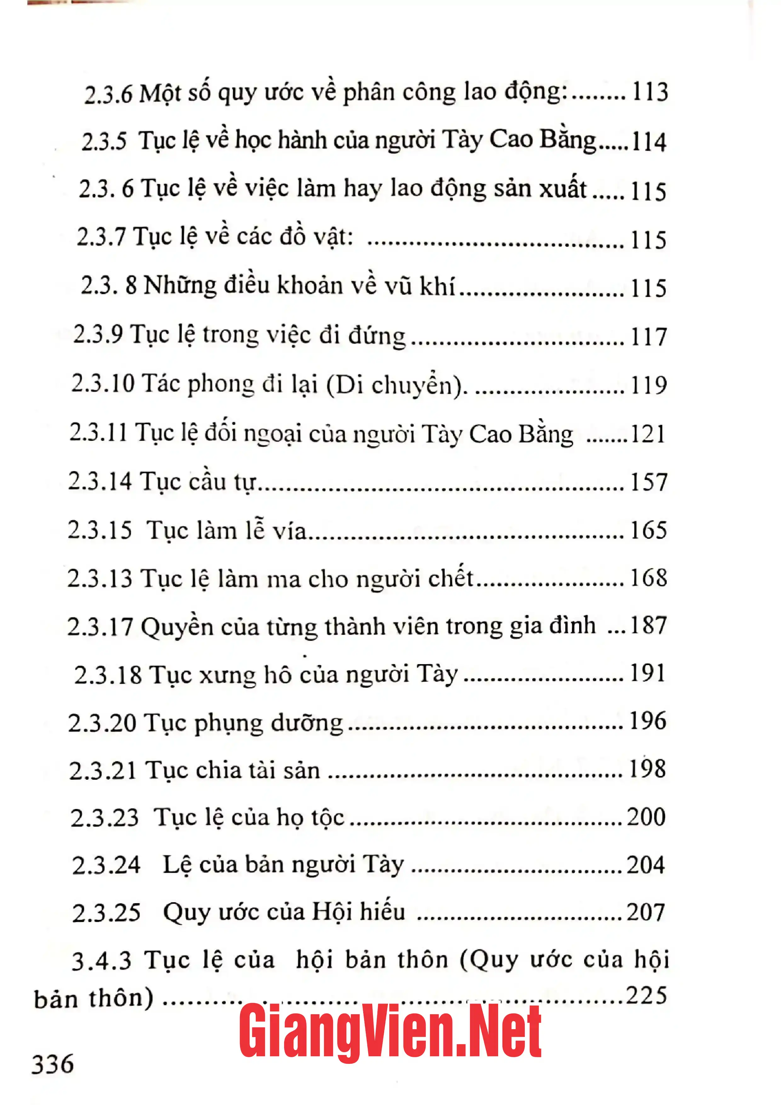 Mục lục chi tiết trang 3 sách Những điều cơ bản trong lệ làng truyền thống của người Tày Cao Bằng