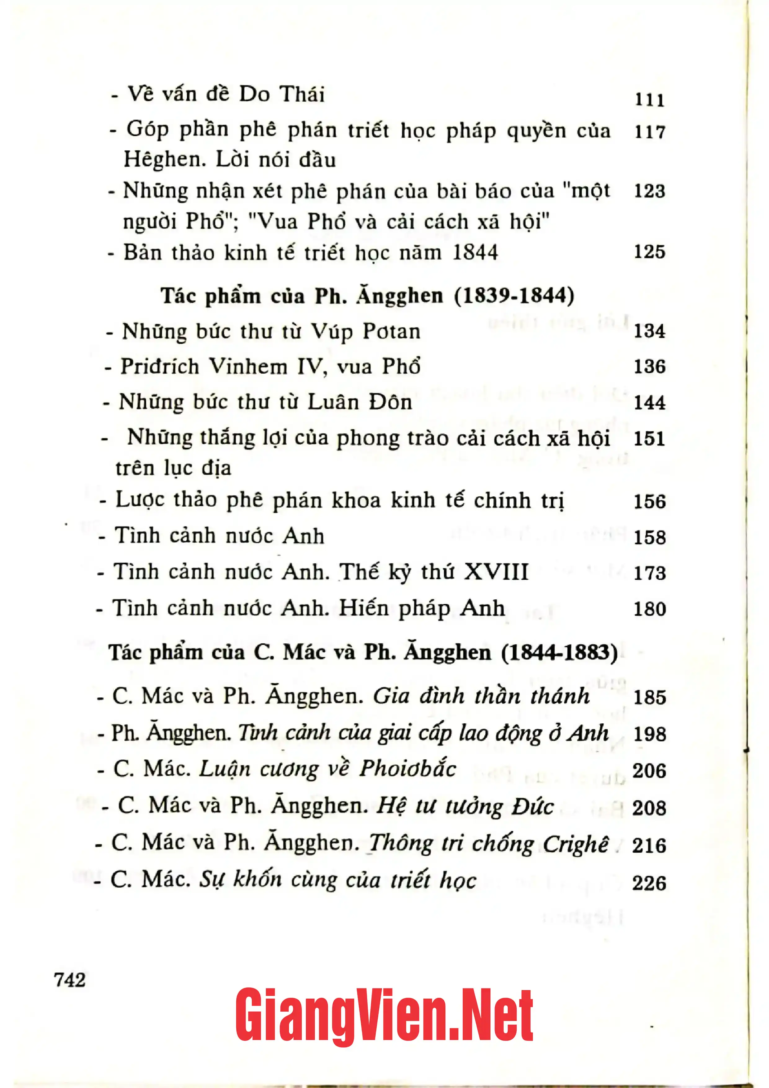 Mục lục chi tiết trang 1 sách C. Mác, Ph. Ăngghen về vấn đề Tôn giáo