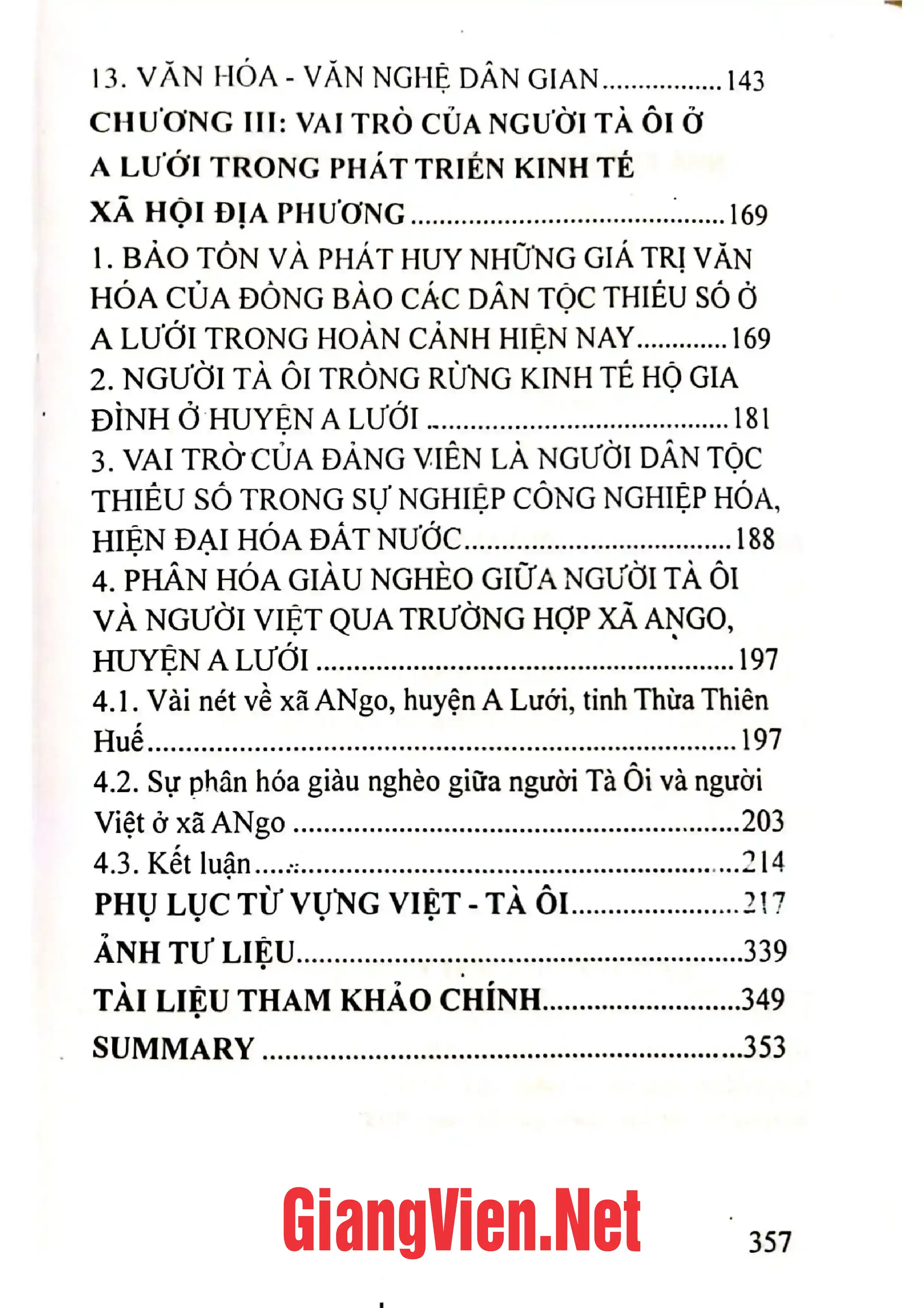 Mục lục chi tiết trang 2 sách Người Tà Ôi ở A Lưới