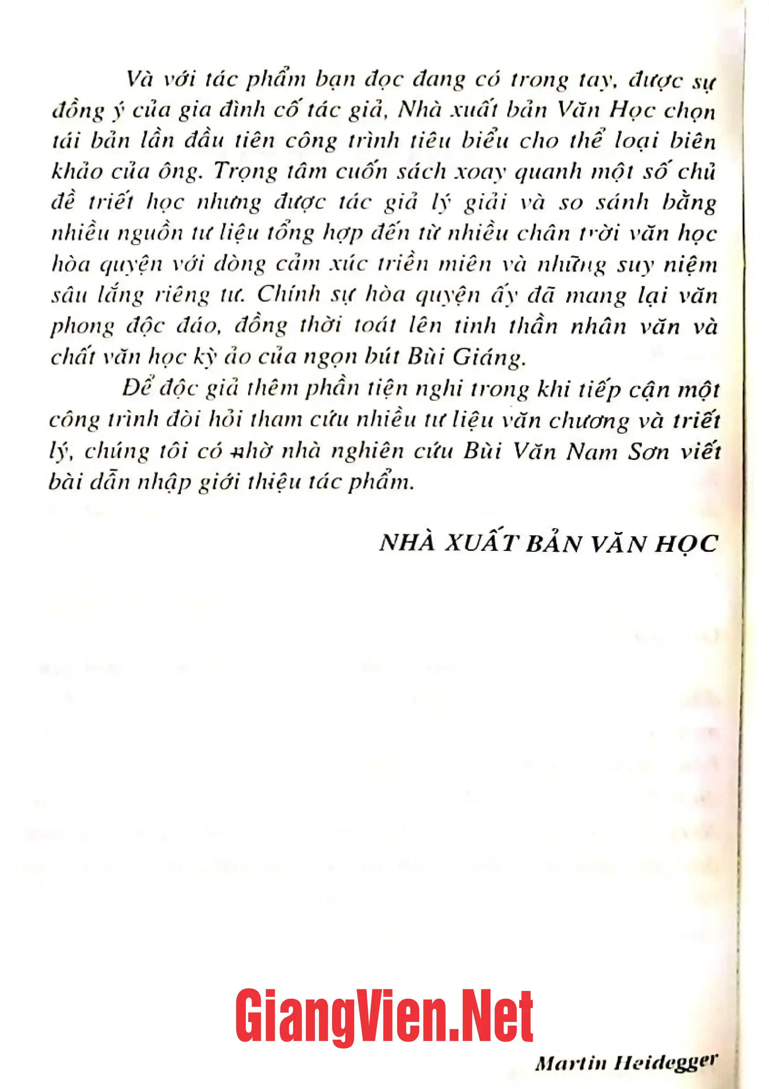 Nội dung trang phụ bản giới thiệu sách Martin Heidegger và tư tưởng hiện đại