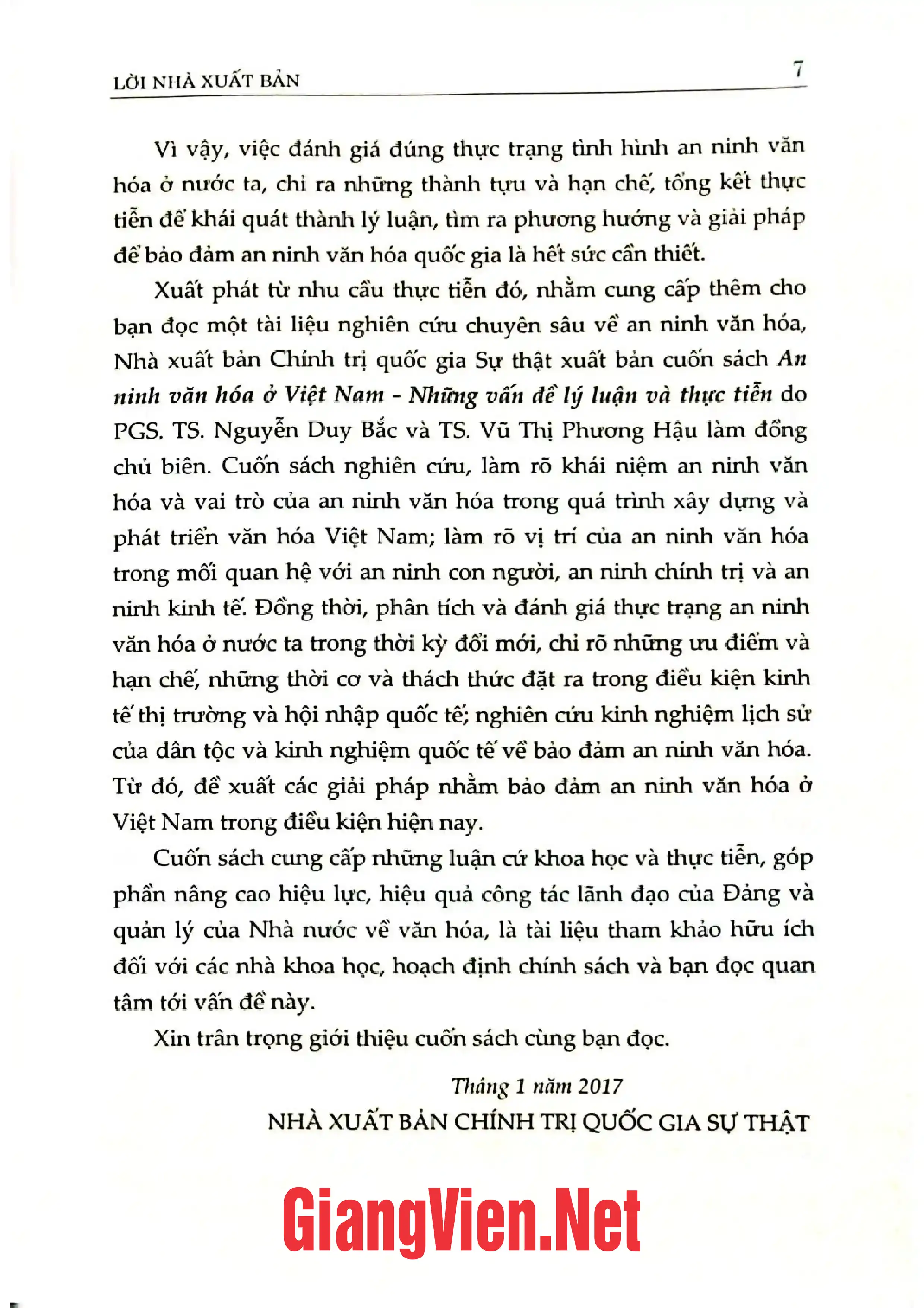 Nội dung trang phụ bản giới thiệu sách An ninh văn hóa ở Việt Nam những vấn đề lý luận và thực tiễn