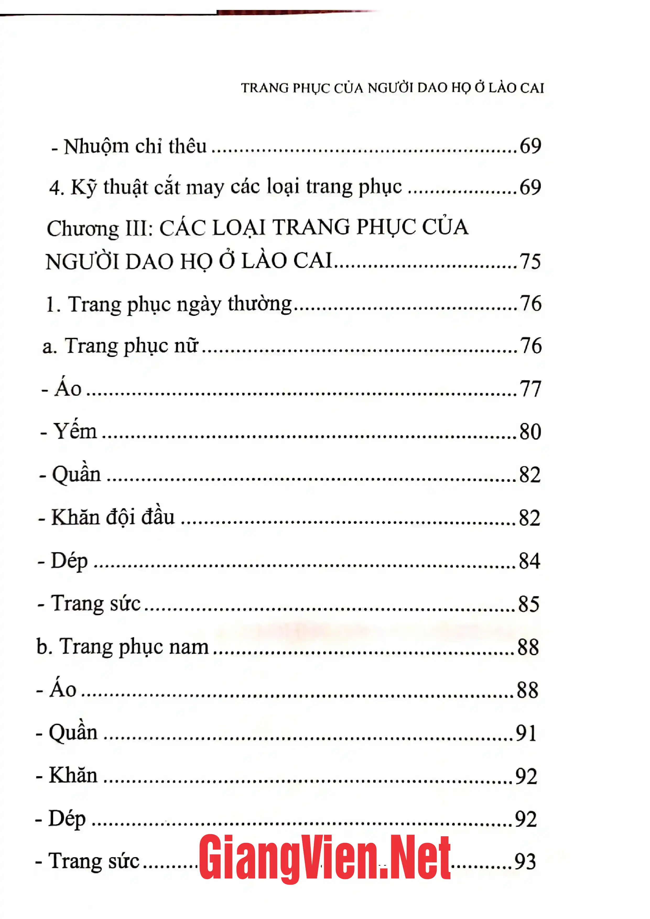 Mục lục chi tiết trang 2 sách Trang phục của người Dao Họ ở Lào Cai