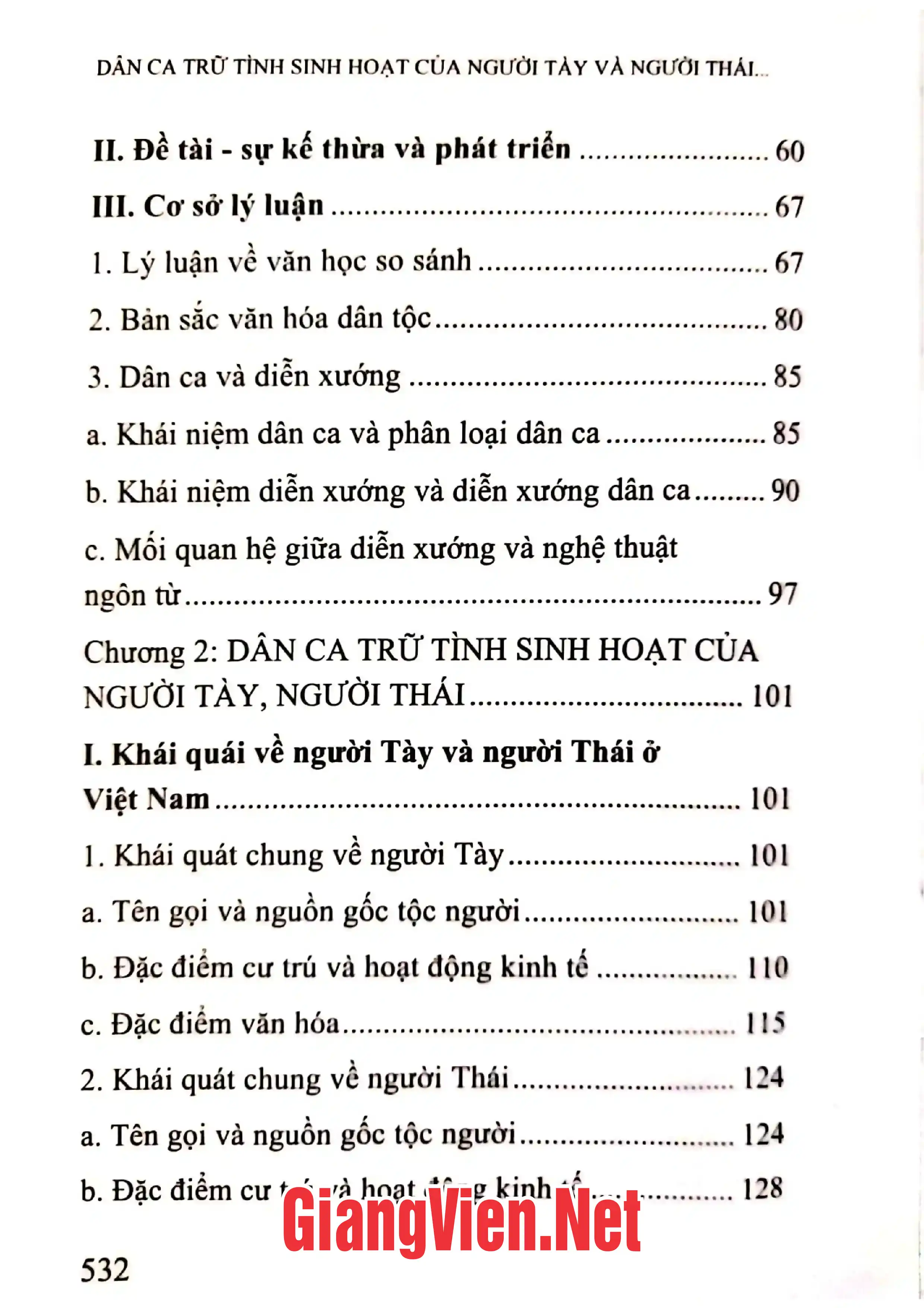 Mục lục chi tiết trang 1 sách Dân ca trữ tình sinh hoạt của người Tày và người Thái sự tương đồng và khác biệt.