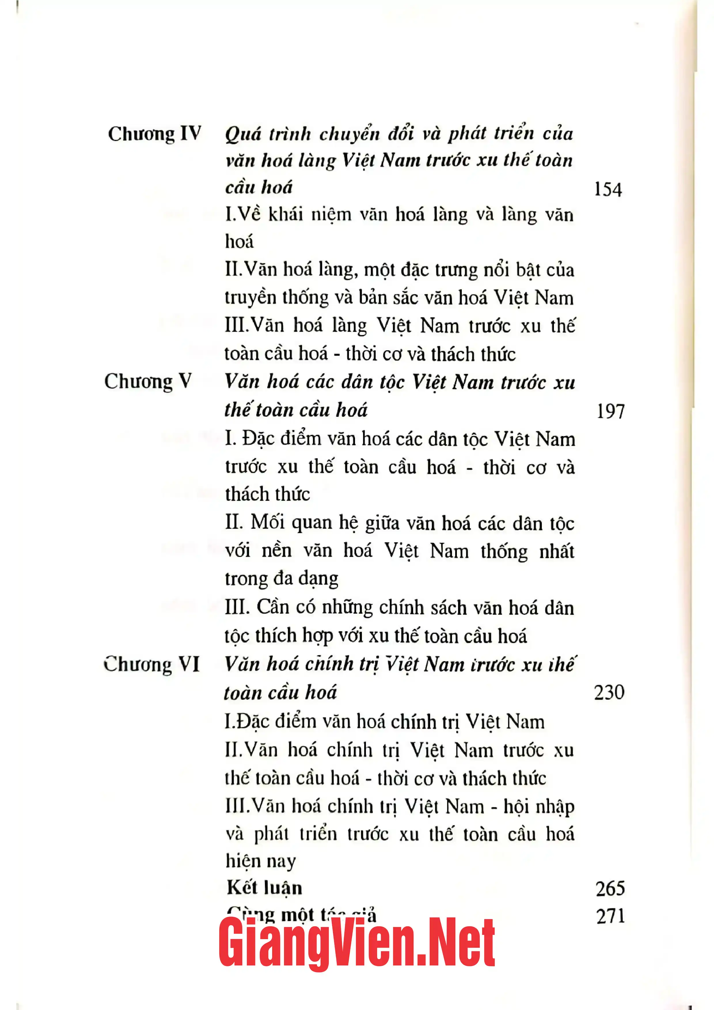 Mục lục chi tiết trang 1 sách Văn hóa Việt Nam trước xu thế toàn cầu: thời cơ và thách thức