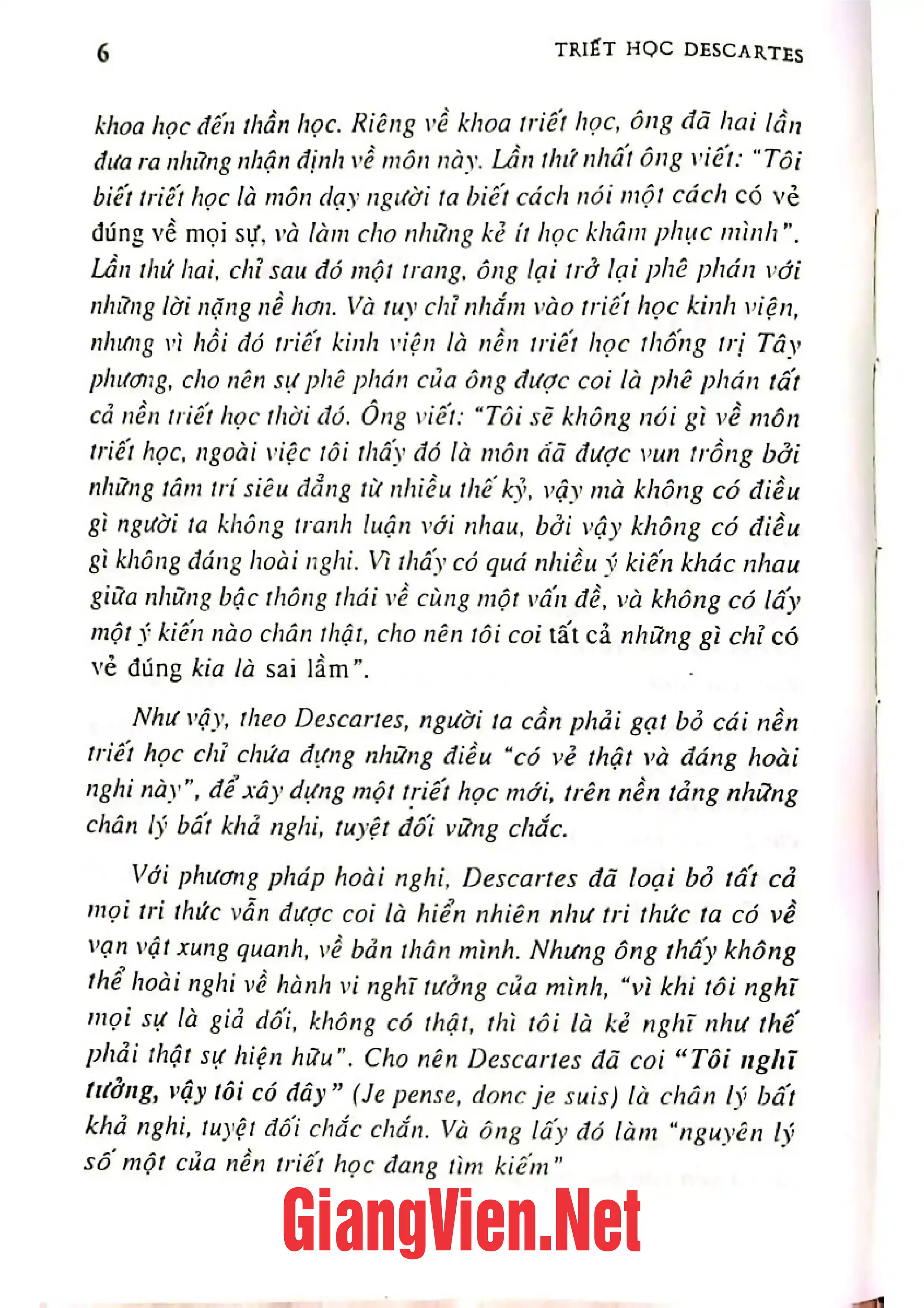 Nội dung trang phụ bản giới thiệu sách Triết học Descartes