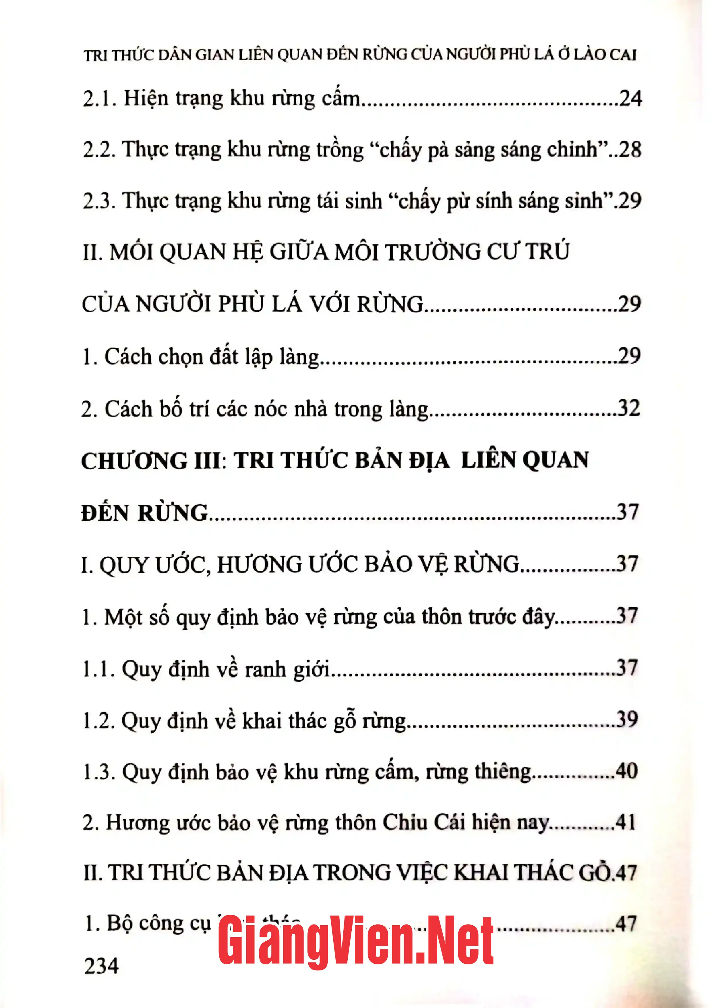 Mục lục chi tiết trang 1 sách Tri thức dân gian liên quan đến rừng của người Phù Lá ở Lào Cai