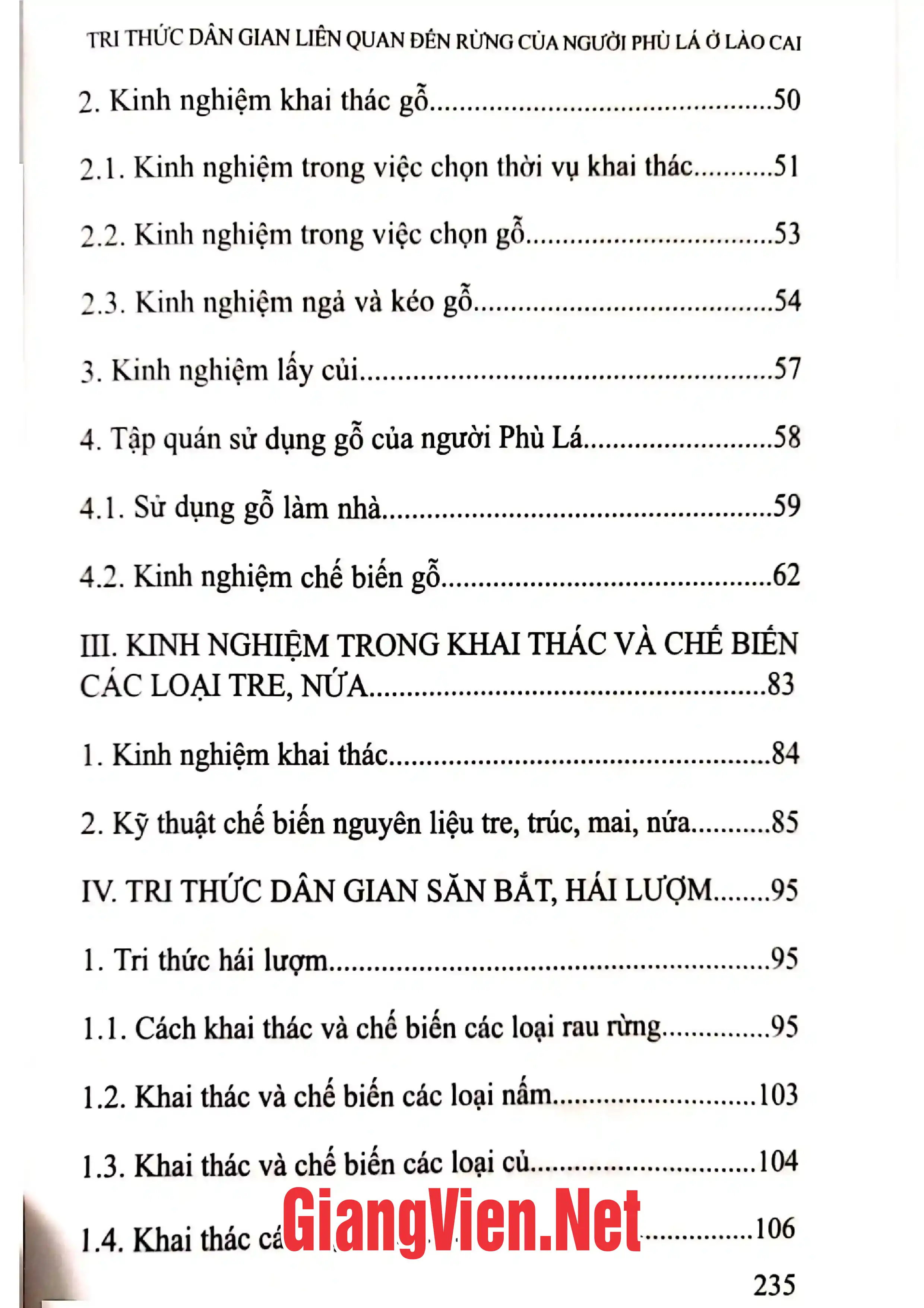 Mục lục chi tiết trang 2 sách Tri thức dân gian liên quan đến rừng của người Phù Lá ở Lào Cai