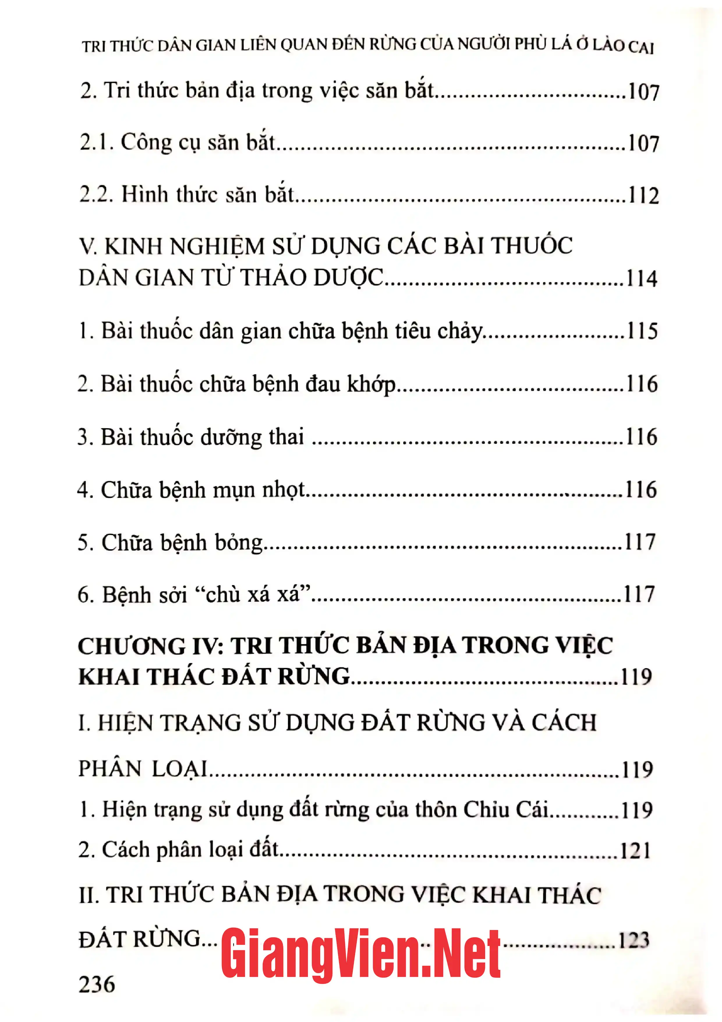 Mục lục chi tiết trang 3 sách Tri thức dân gian liên quan đến rừng của người Phù Lá ở Lào Cai
