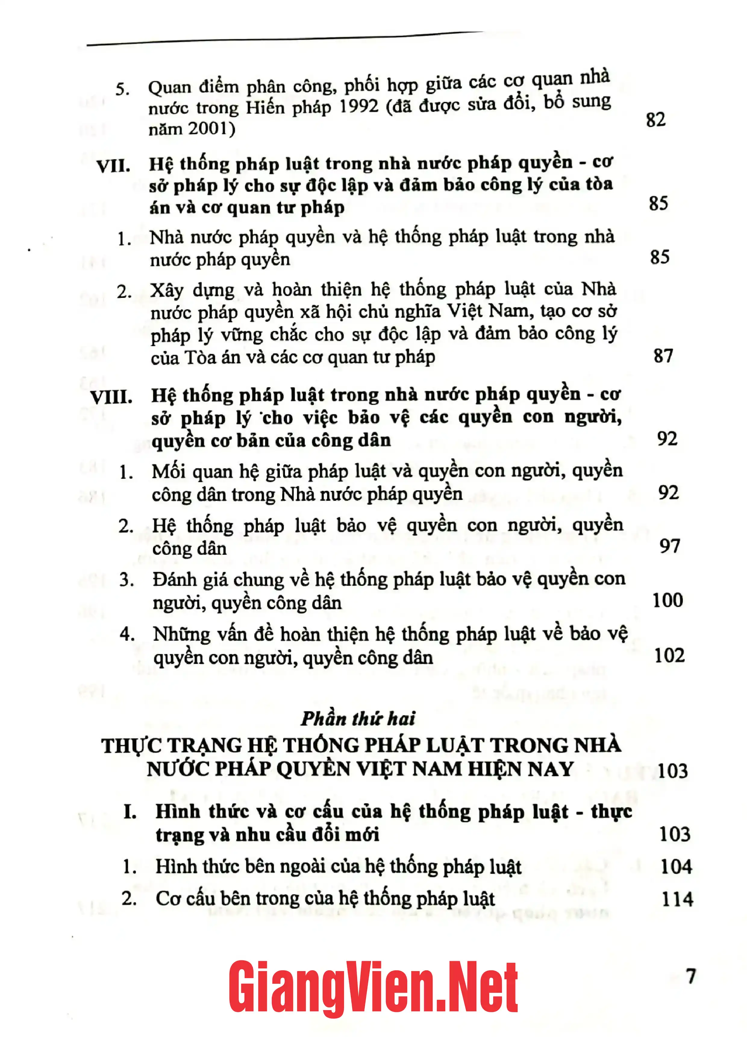 Mục lục chi tiết trang 2 sách Xây dựng hệ thống pháp luật thống nhất, đồng bộ, minh bạch và hiệu quả trong nhà nước pháp quyền Việt Nam