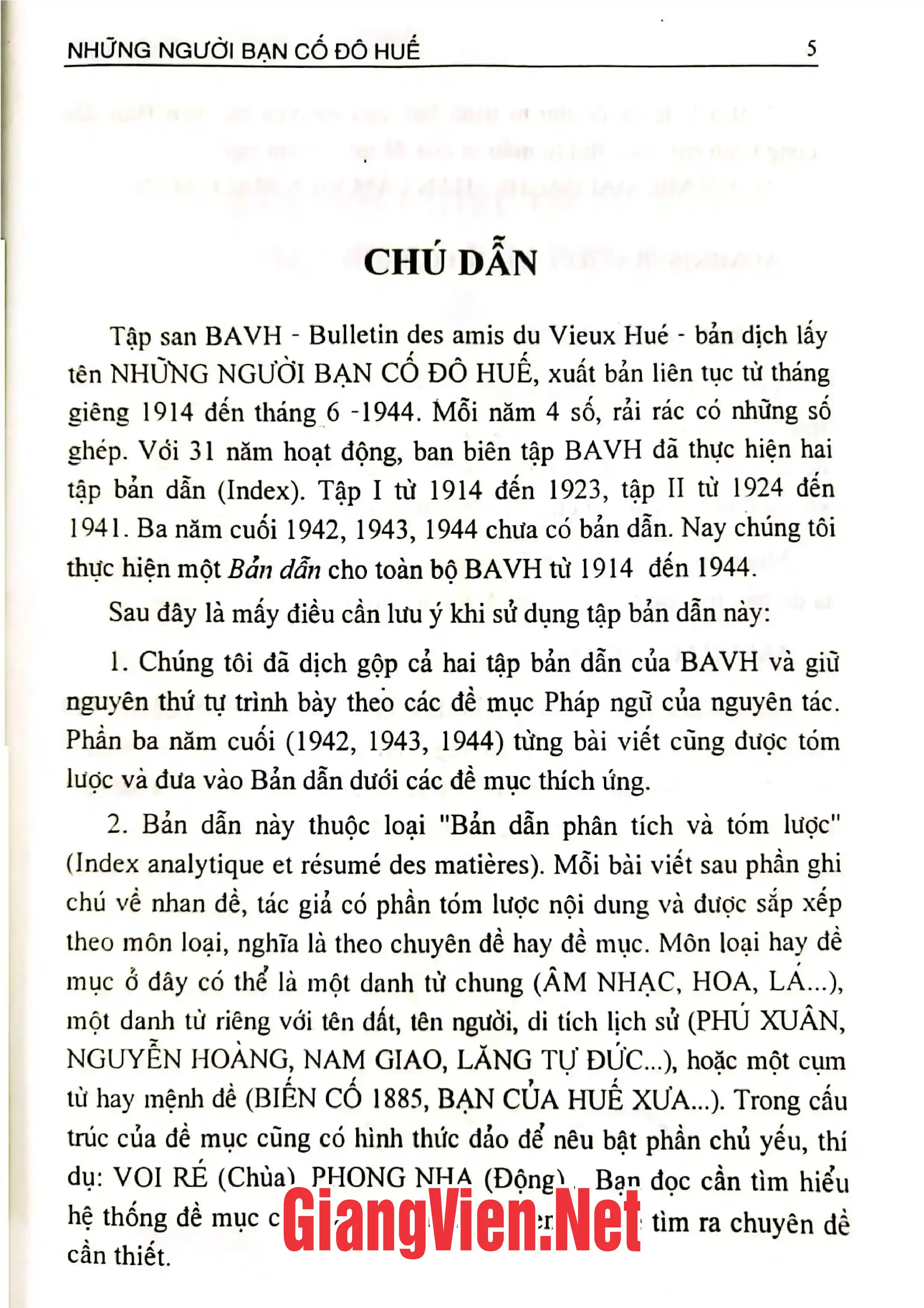 Mục lục chi tiết trang 1 sách Bản dẫn Những người bạn cố đô Huế 1914 - 1941