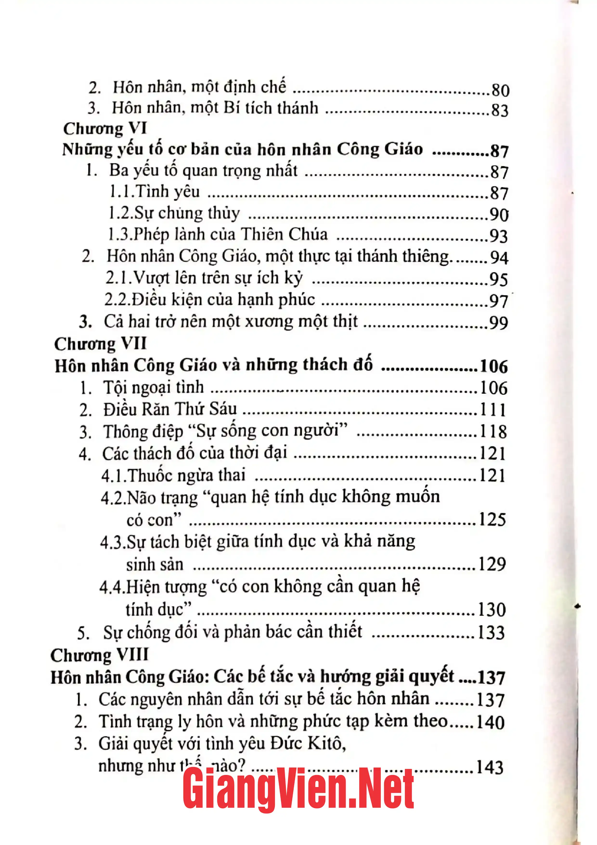 Mục lục chi tiết trang 1 sách Những suy tư đúng đắn về Hôn nhân và Gia đình Công giáo