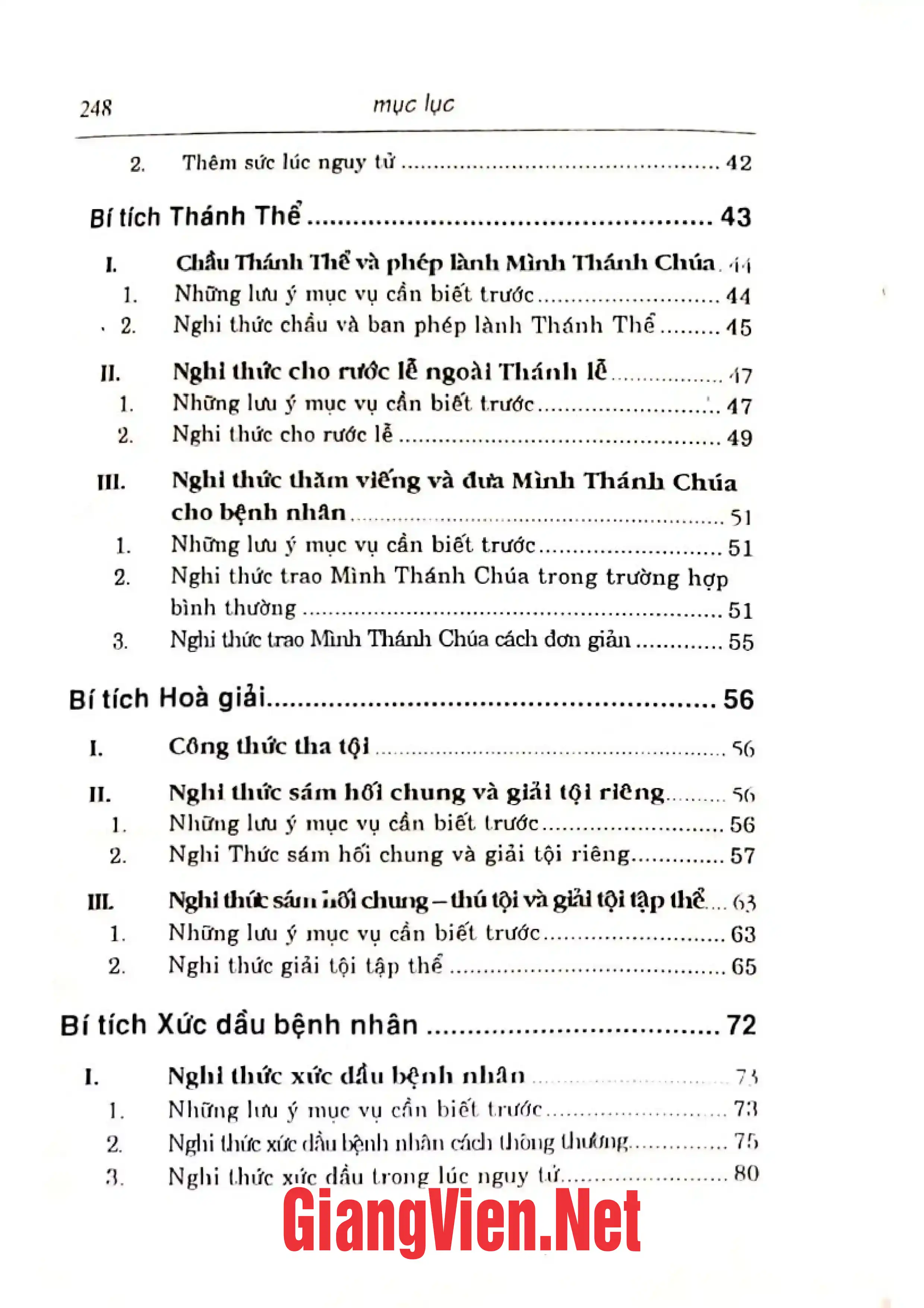 Mục lục chi tiết trang 1 sách Cẩm nang các nghi thức bí tích và á bí tích
