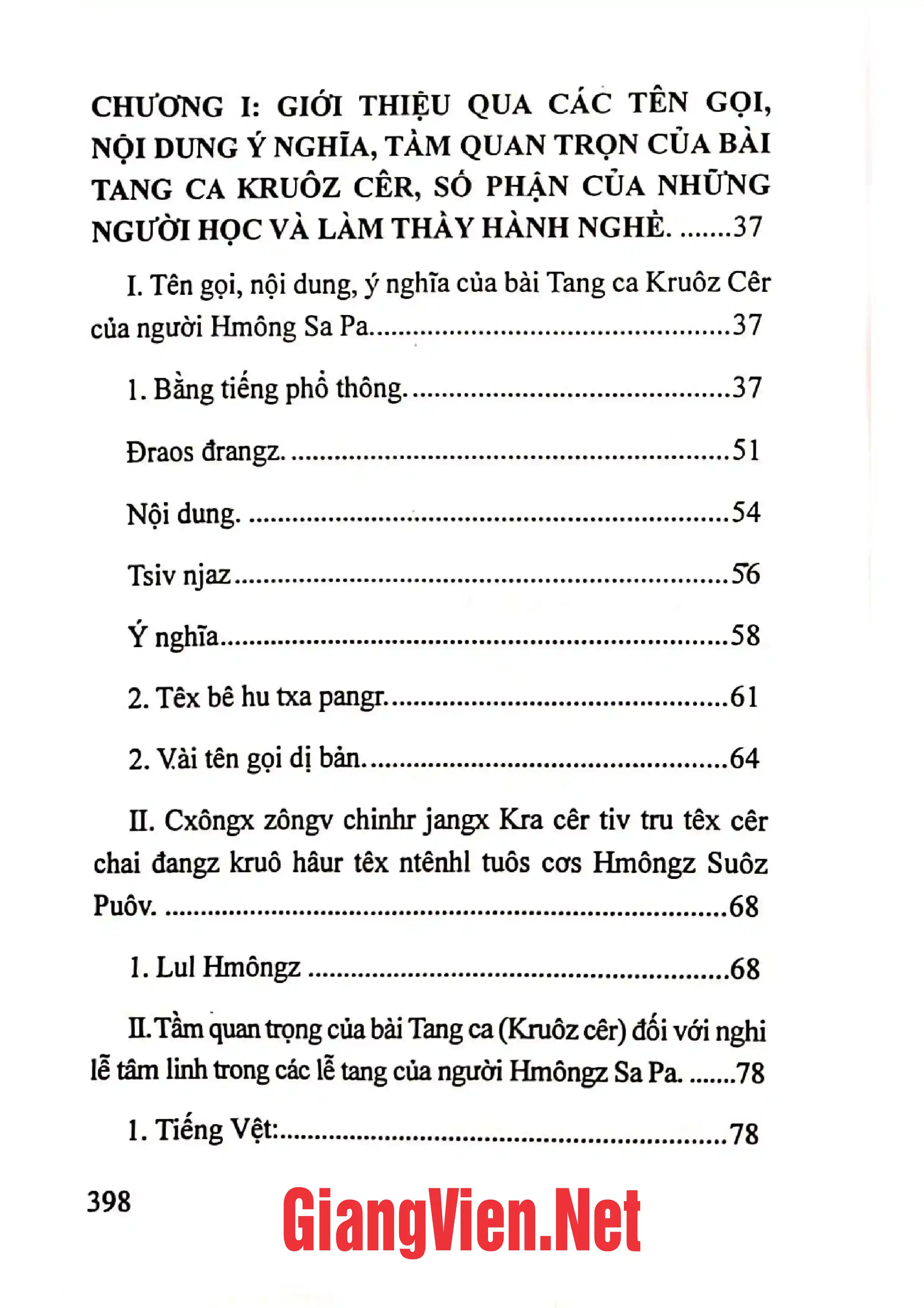 Mục lục chi tiết trang 1 sách Bài tang ca của người Hmôngz Sa Pa