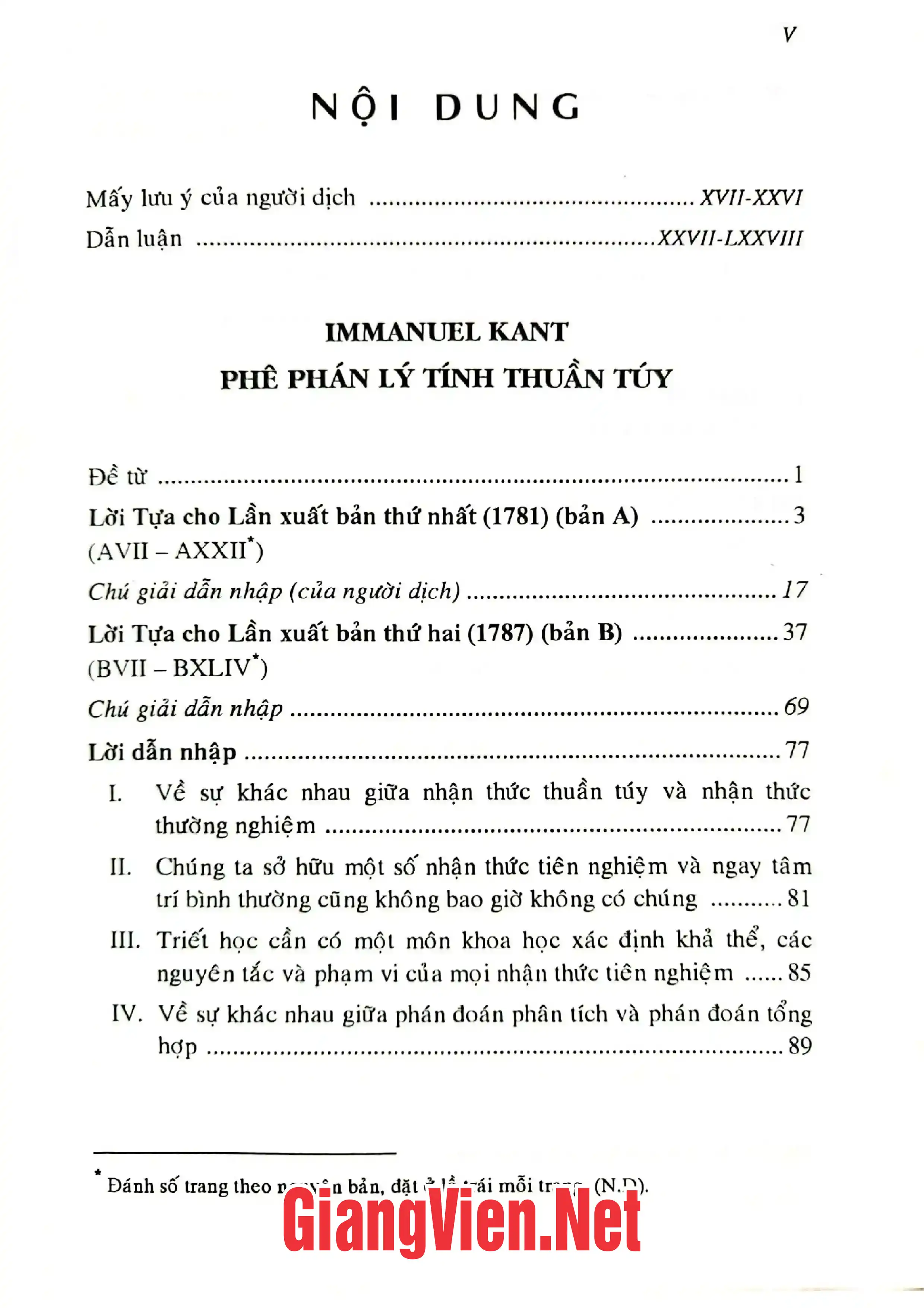 Trang bìa chính thức sách Phê phán lý tính thuần tuý